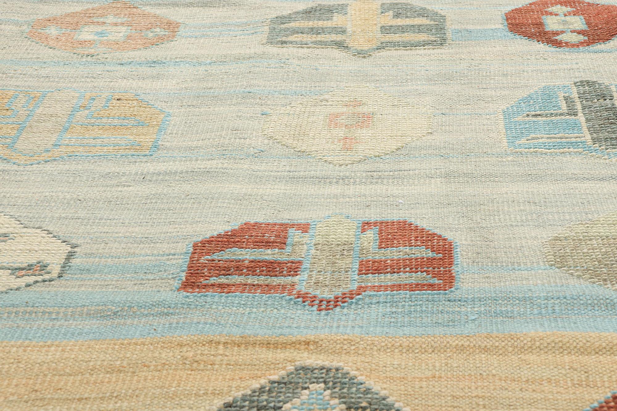 Handgewebter blauer türkischer Flachgewebe-Teppich aus Wolle Contemporary, 10'00 x 14'10 im Zustand „Neu“ im Angebot in Dallas, TX