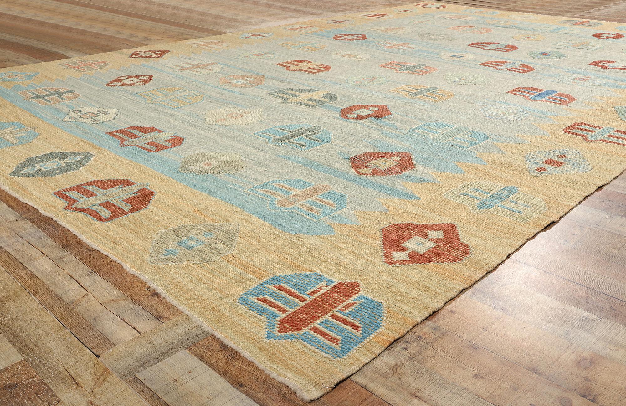 Handgewebter blauer türkischer Flachgewebe-Teppich aus Wolle Contemporary, 10'00 x 14'10 im Angebot 1
