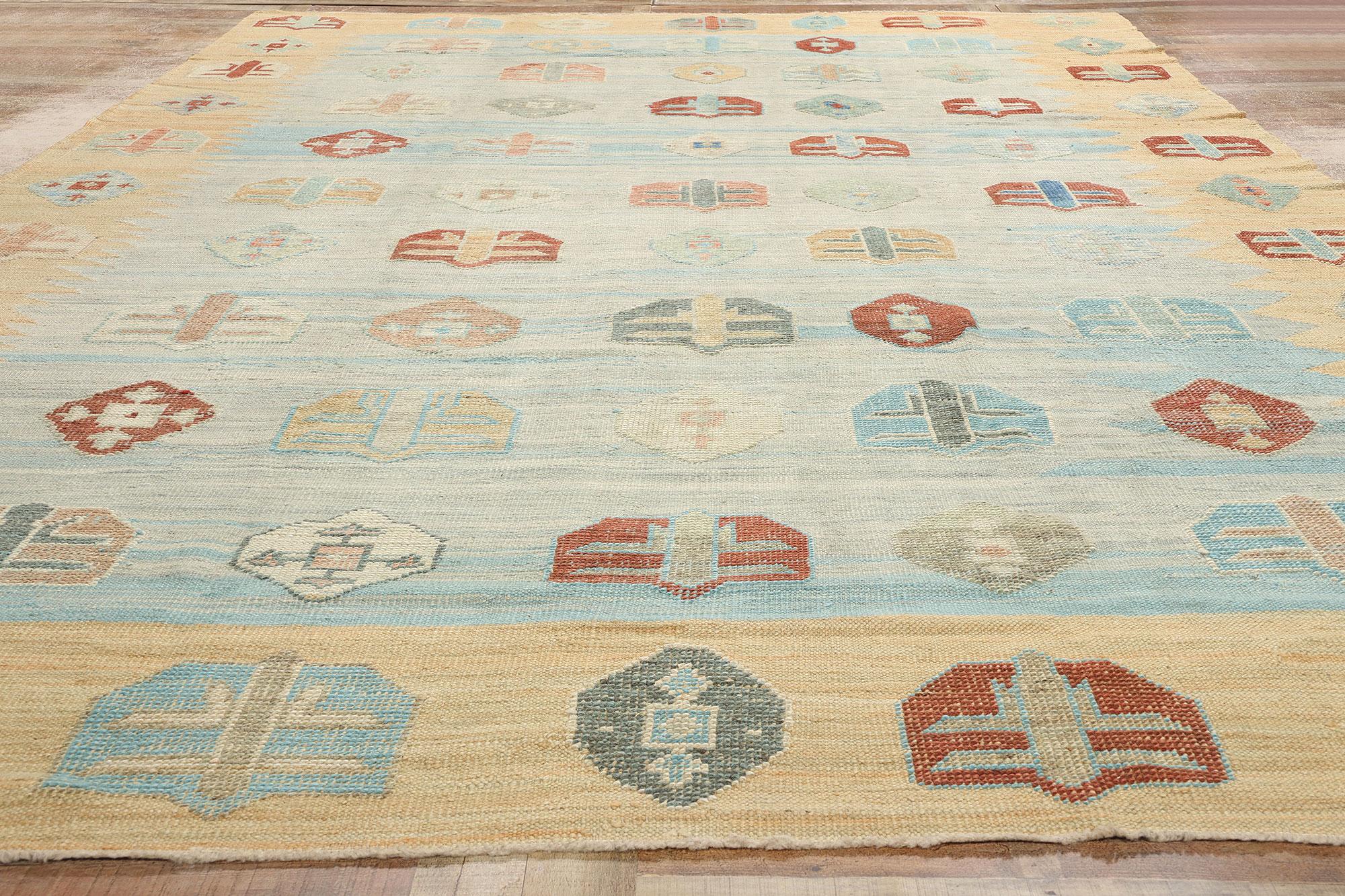 Laine Tapis turc contemporain bleu tissé à la main en laine, 10'00 x 14'10 en vente