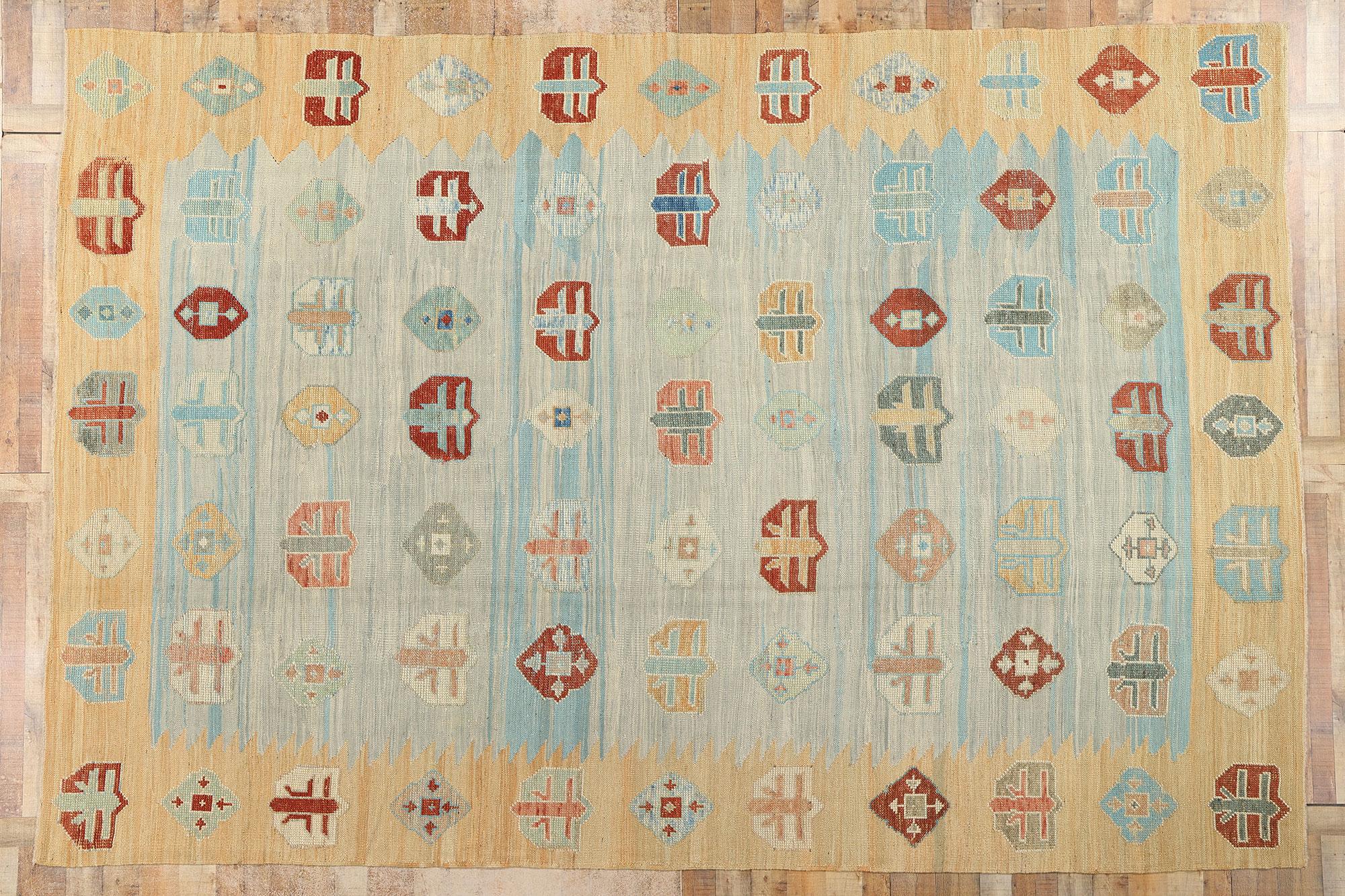Handgewebter blauer türkischer Flachgewebe-Teppich aus Wolle Contemporary, 10'00 x 14'10 im Angebot 3