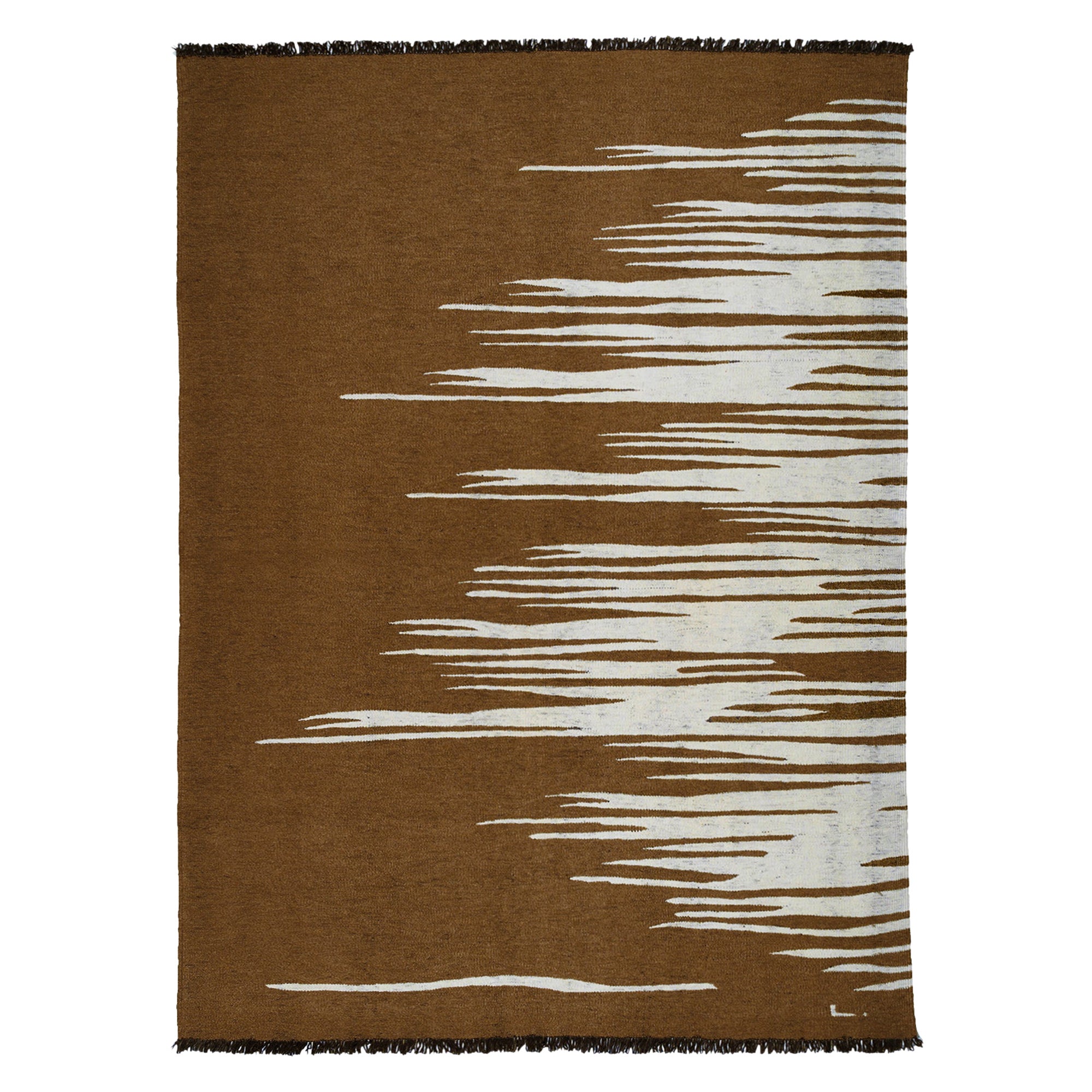 Tappeto Kilim in lana intrecciata a mano Ege No 3, contemporaneo, marrone cannella e bianco dune in vendita