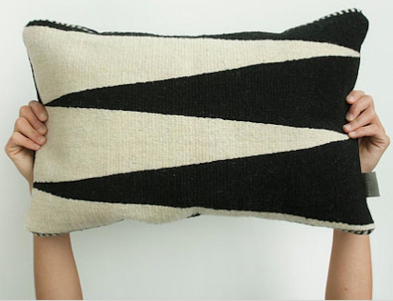 Mexican Handwoven Wool Modern Organic Throw Pillow in Black and White Geometry For Sale
