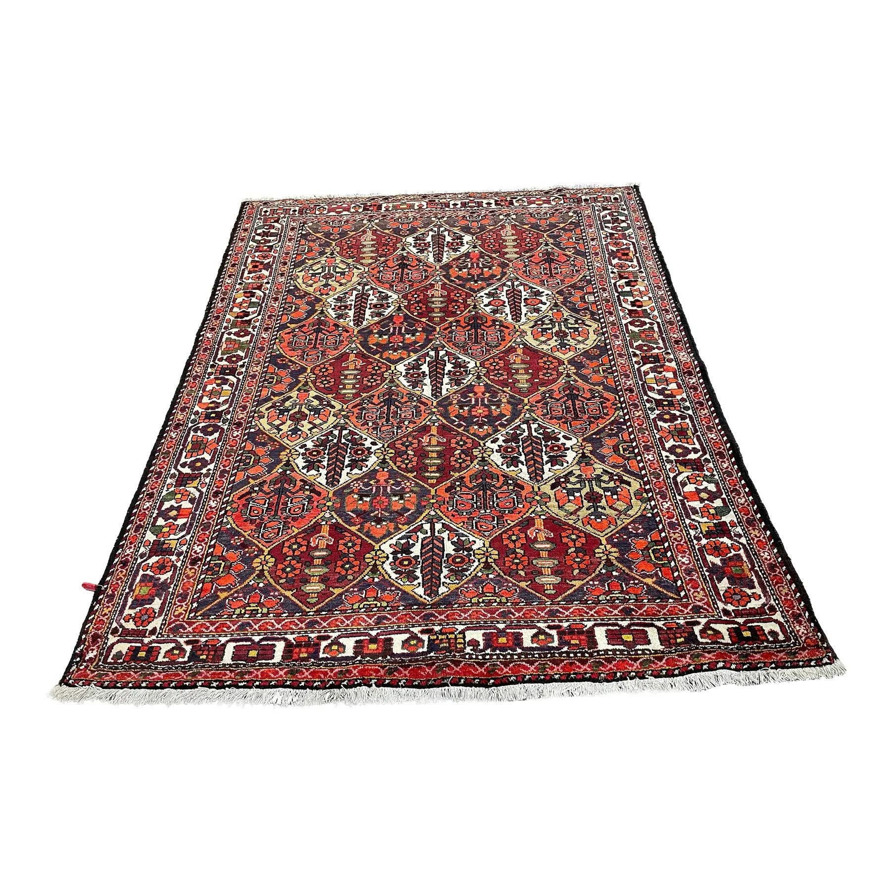 Handwoven Wool Persian Bakhtiari Area Rug, 1990s Vintage Garden Panel Rug, 5'x7'