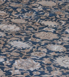 Handwoven Wool Persian Malayer Antique Rug, Indigo Floral Design, Iran