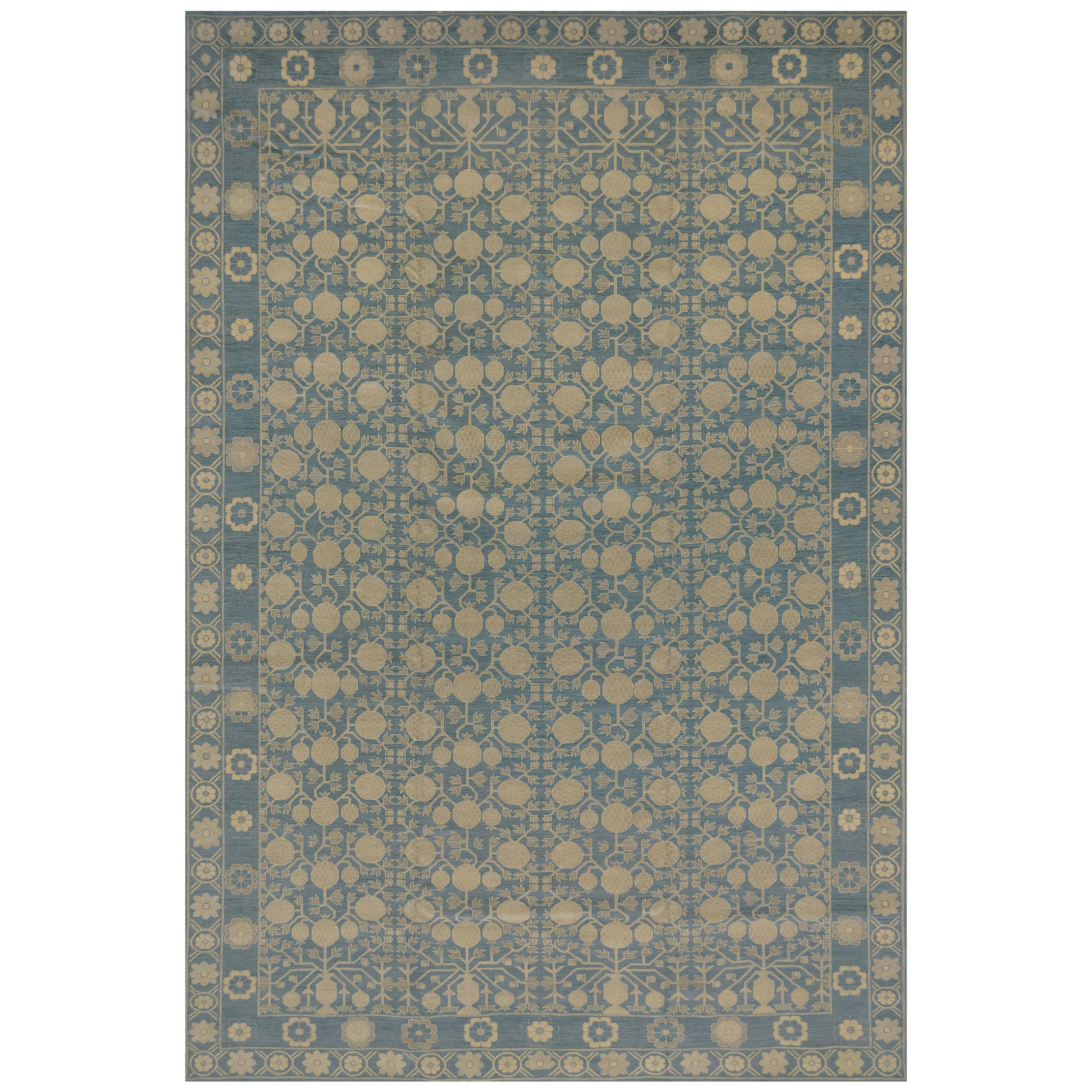 Handwoven Wool Khotan Rug, Blue Field with Pomegranate Design, Egypt