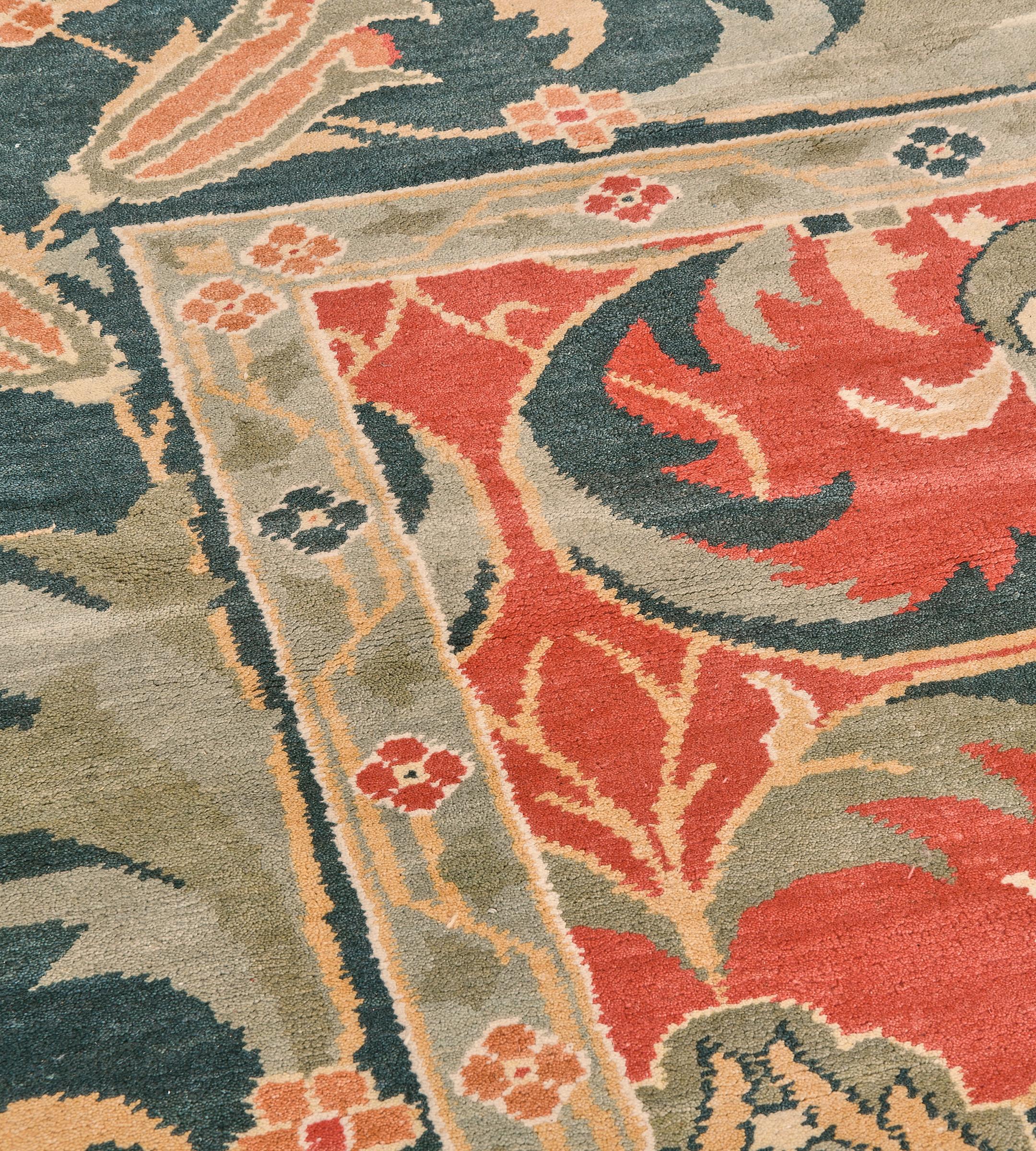Hand-Knotted Handwoven Wool Revival Tomato-Red Floral Arts & Crafts Inspired Rug For Sale