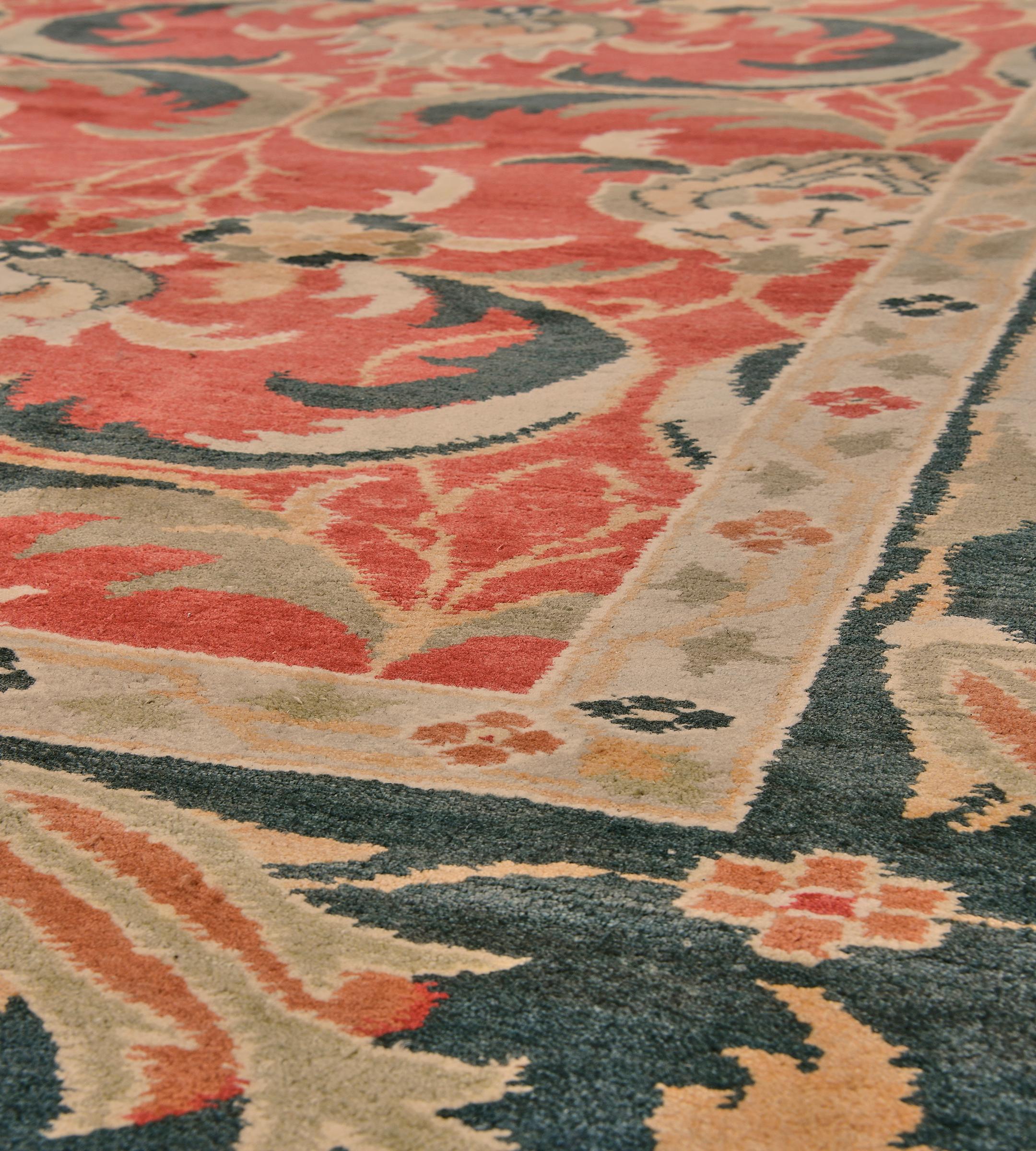 Handwoven Wool Revival Tomato-Red Floral Arts & Crafts Inspired Rug In New Condition For Sale In West Hollywood, CA