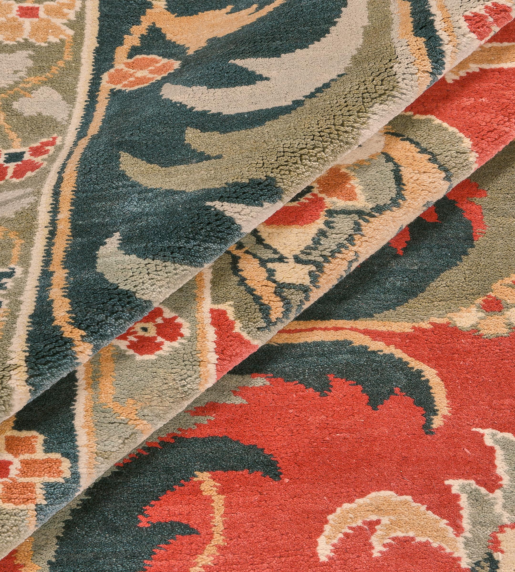 Contemporary Handwoven Wool Revival Tomato-Red Floral Arts & Crafts Inspired Rug For Sale