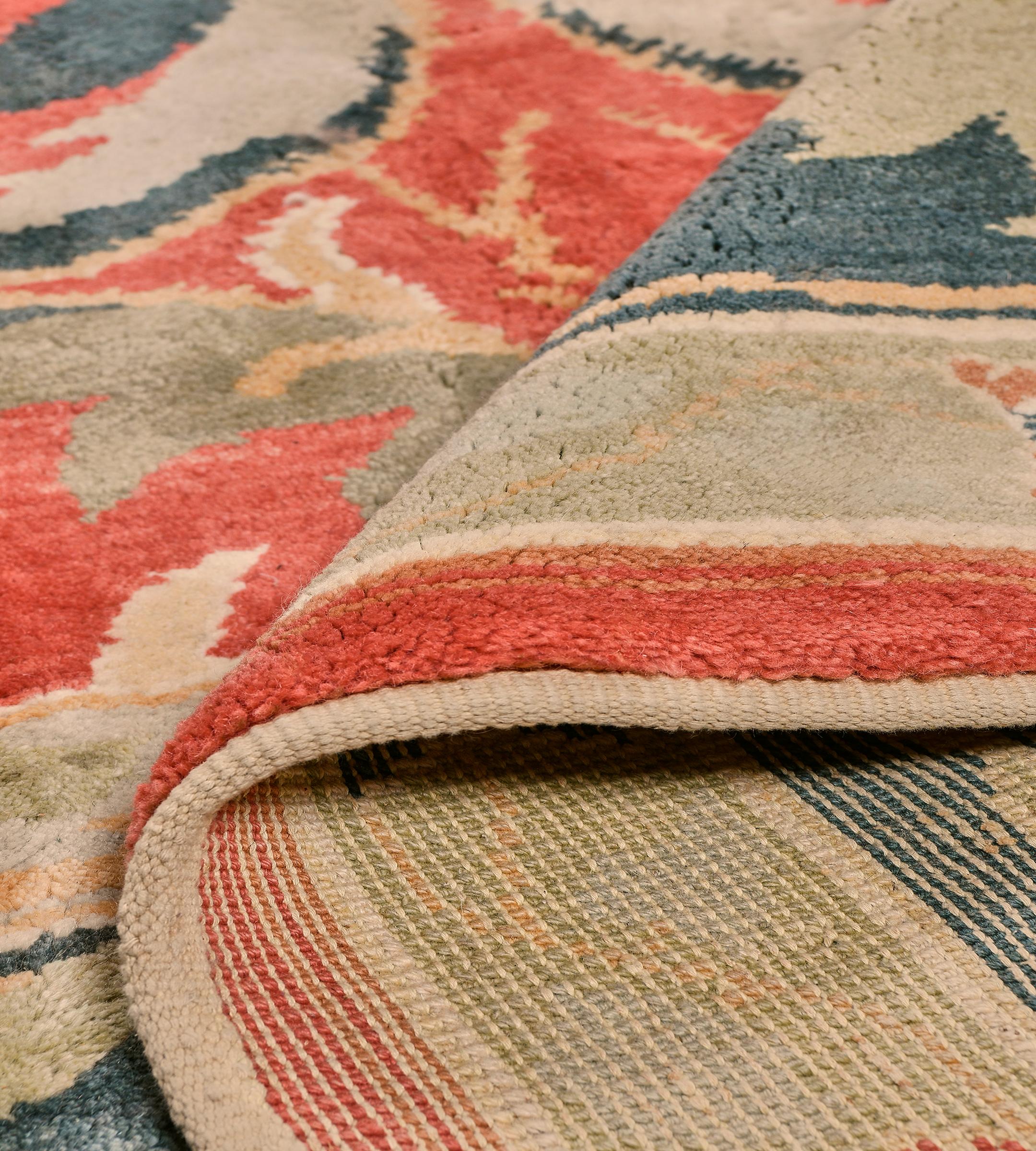 Handwoven Wool Revival Tomato-Red Floral Arts & Crafts Inspired Rug For Sale 1