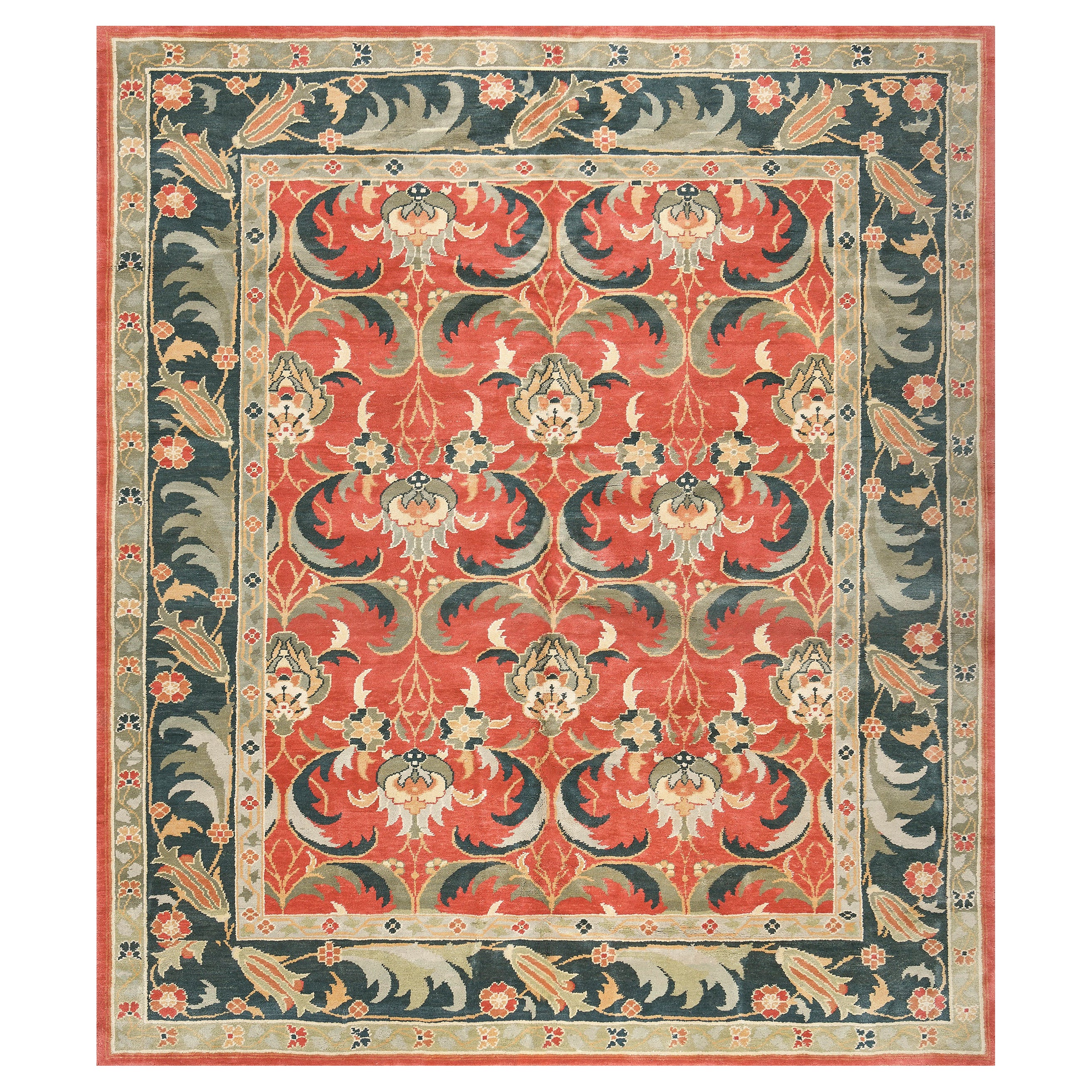 Handwoven Wool Revival Tomato-Red Floral Arts & Crafts Inspired Rug For Sale