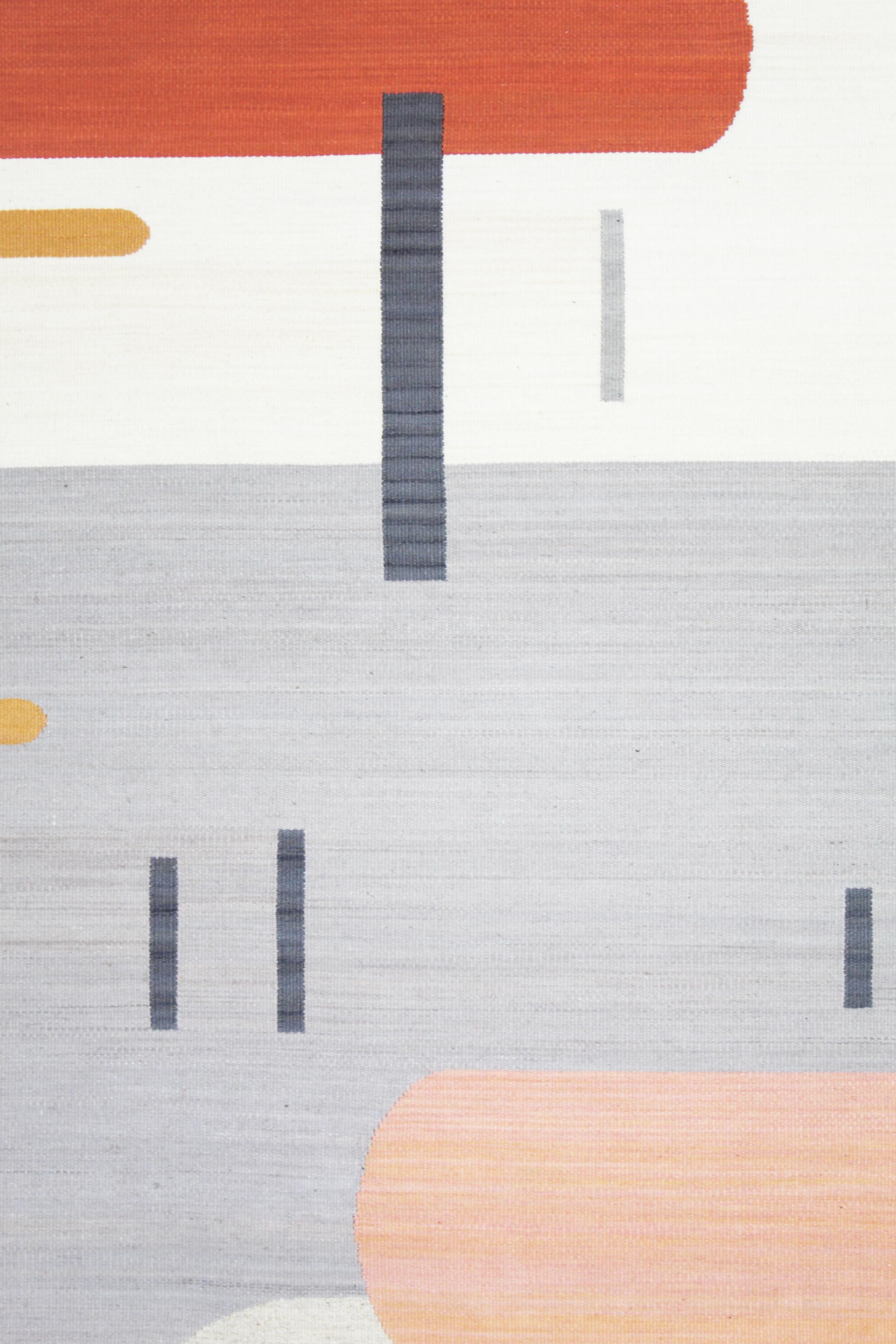 This rug is a one of a kind heirloom piece. Inspired by movement, the asymmetrical design is meant to enhance the flow of any space. With references to both Art Deco and contemporary design elements, this piece will stand out as an addition to any