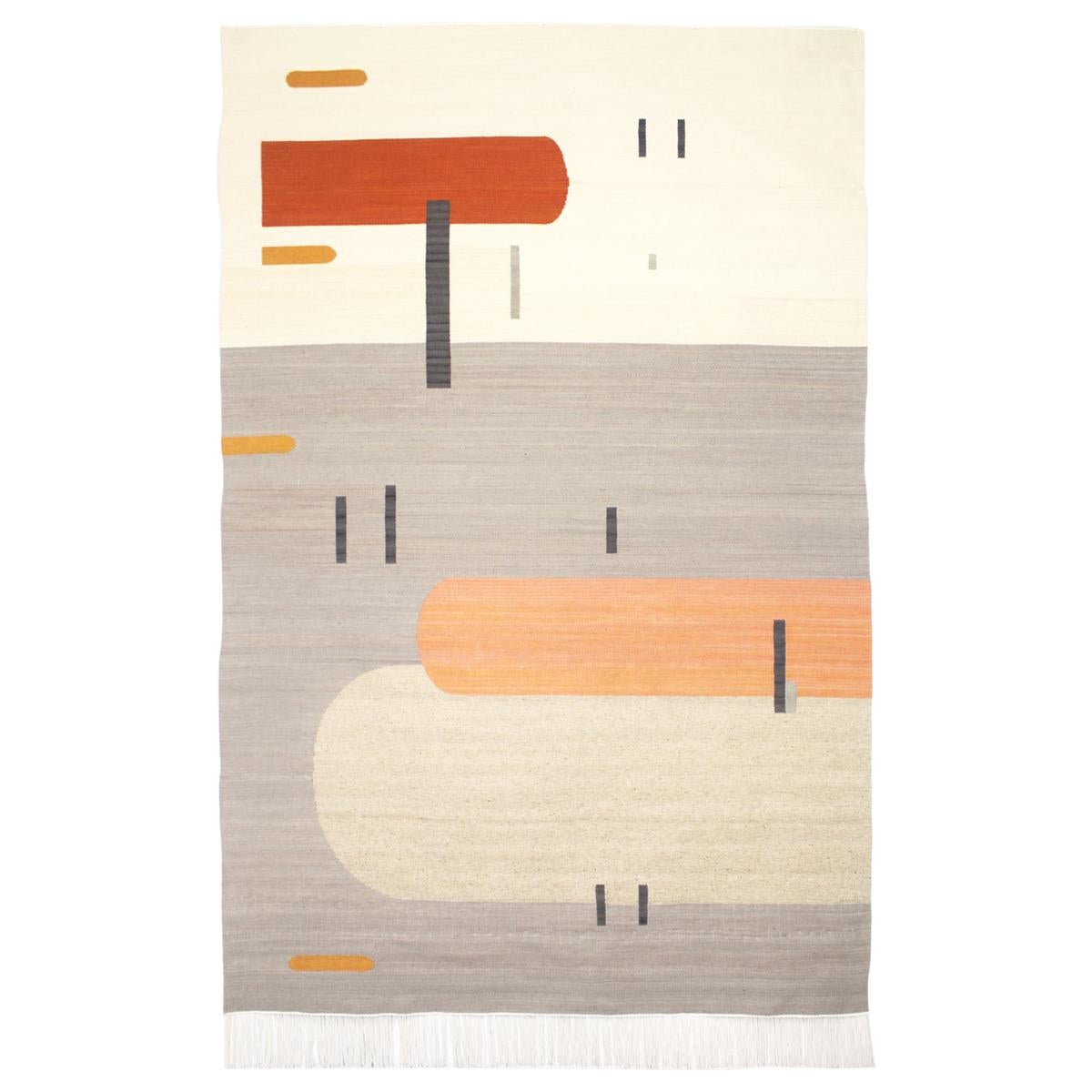Handwoven Wool Rug / Kilim, Grey, Coral and Sand, Natural Dye, by Andrew Boos