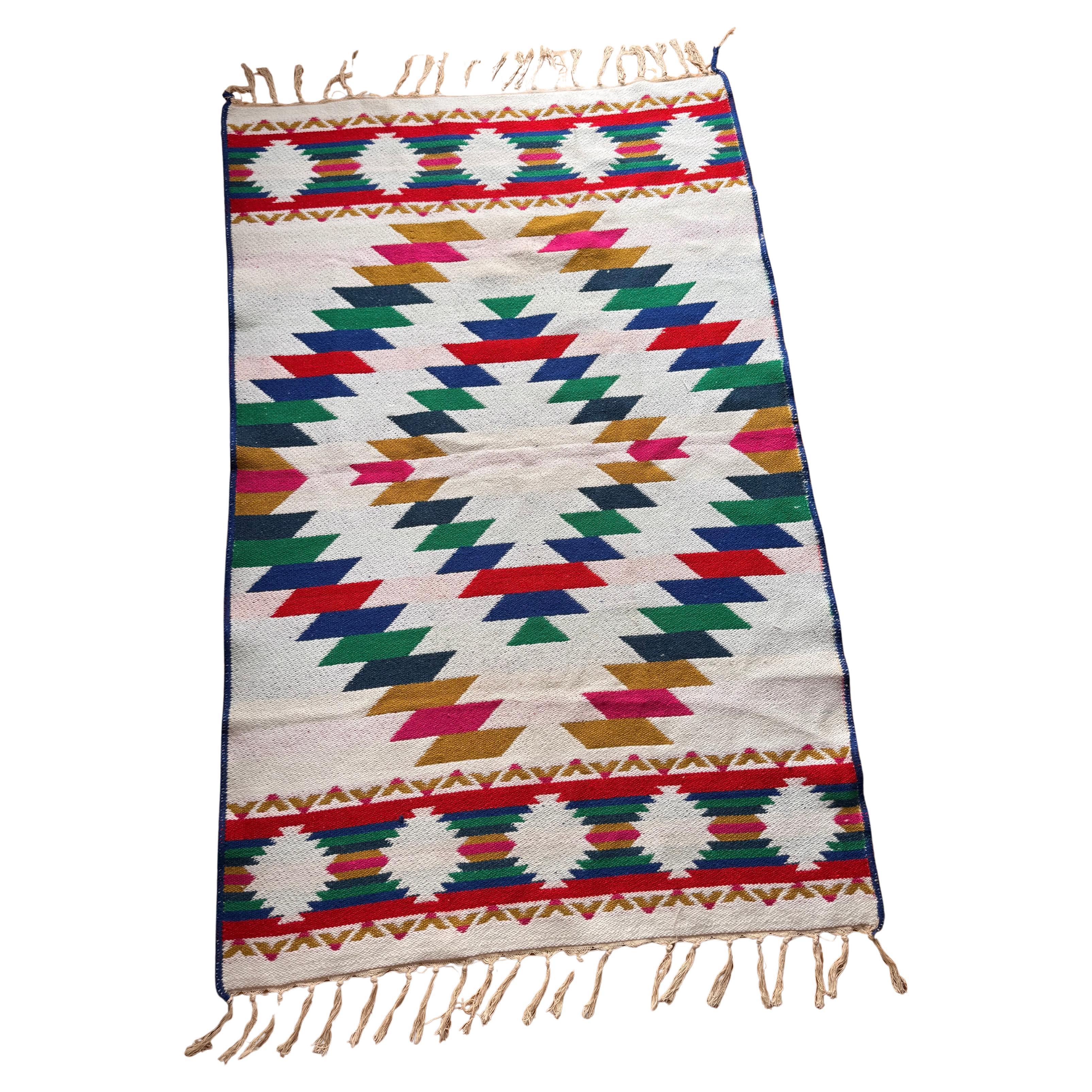Handwoven Wool Rug with Geometric Pattern – Bright Multicolor Design