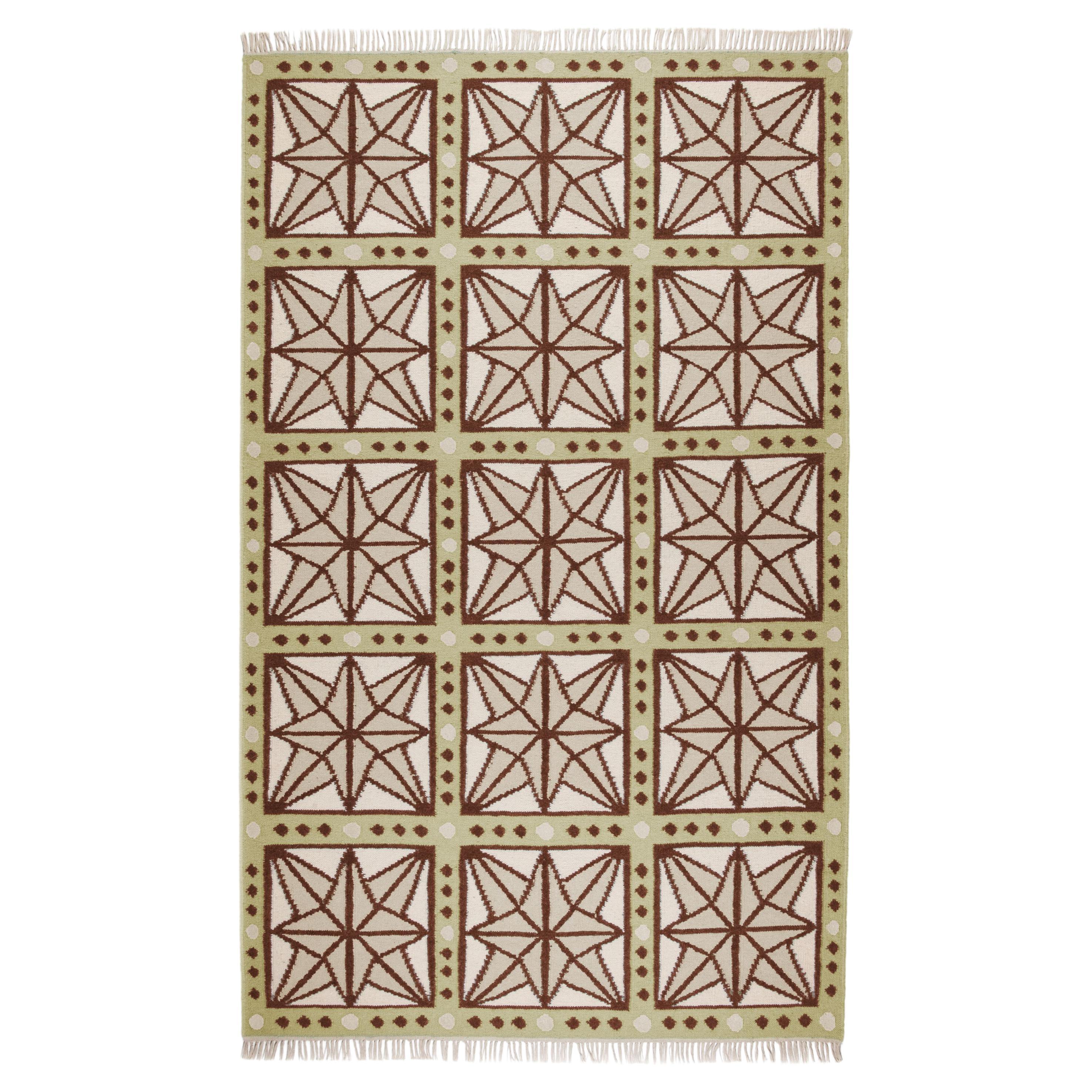 Handwoven Wool Star Rug, 10' x 14', Celadon, Chocolate, Sage and Eggshell