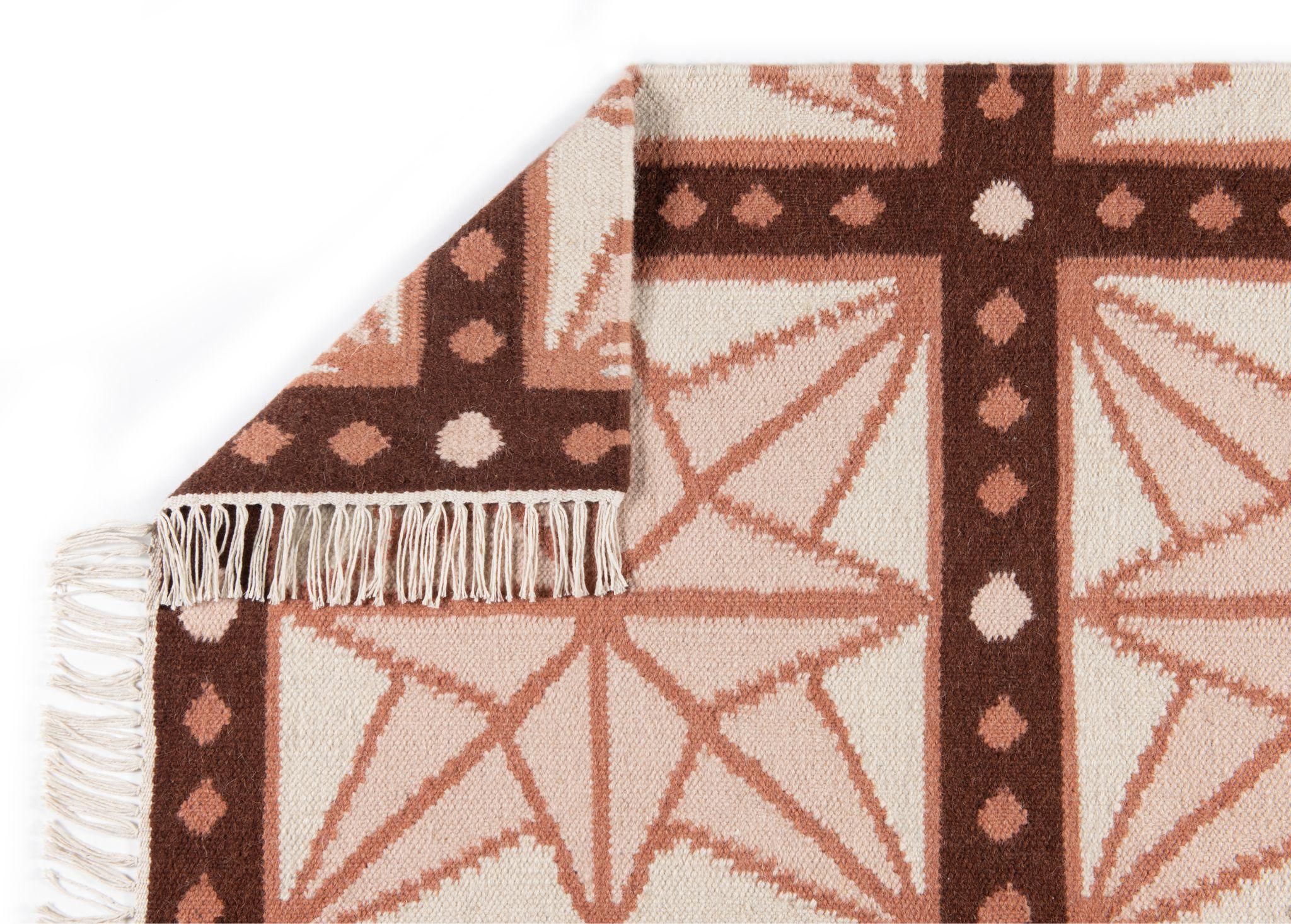 Bohemian Handwoven Wool Star Rug, 12' x 15', Bisque Pink, Chocolate Brown and Eggshell For Sale