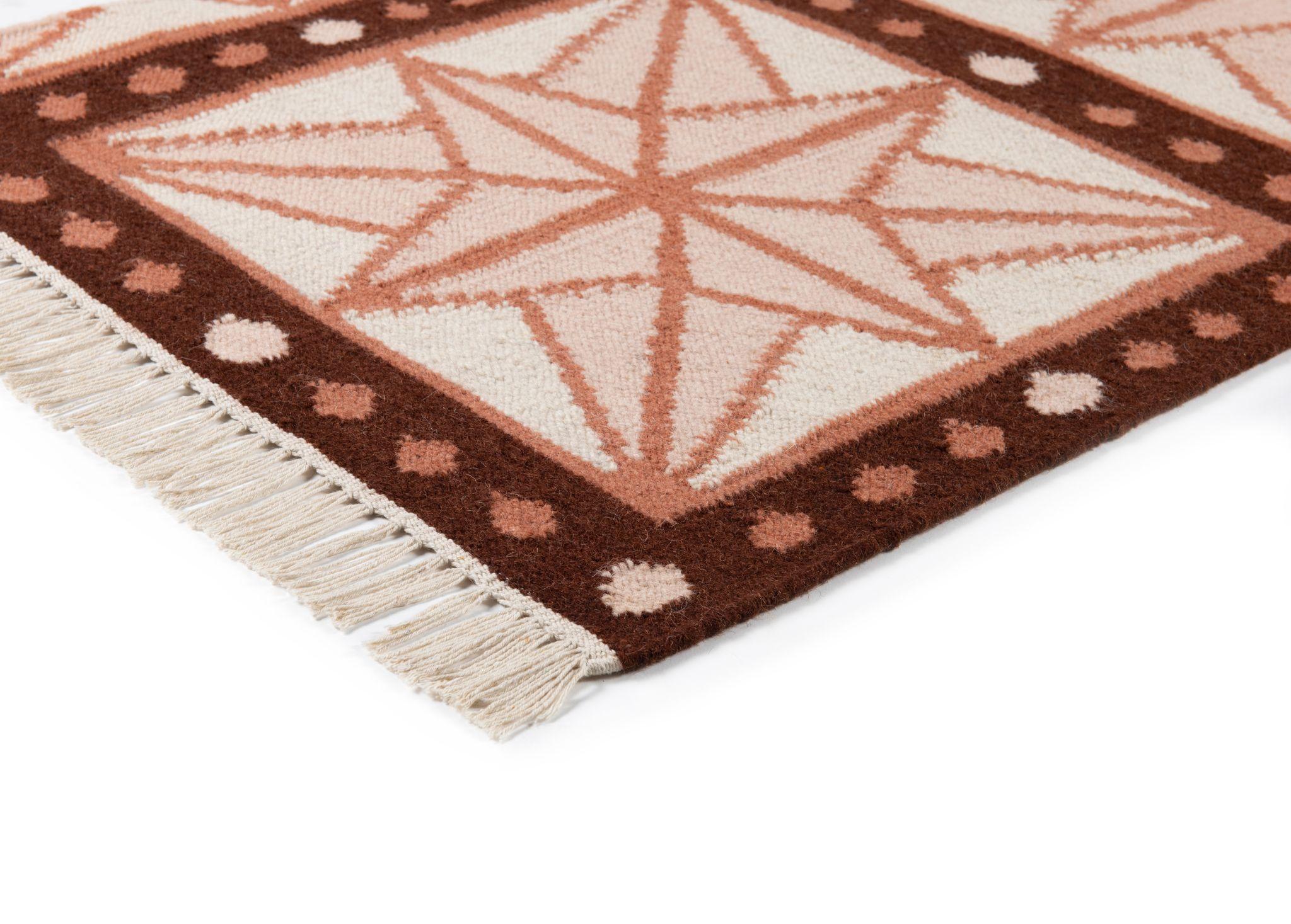 Hand-Woven Handwoven Wool Star Rug, 12' x 15', Bisque Pink, Chocolate Brown and Eggshell For Sale