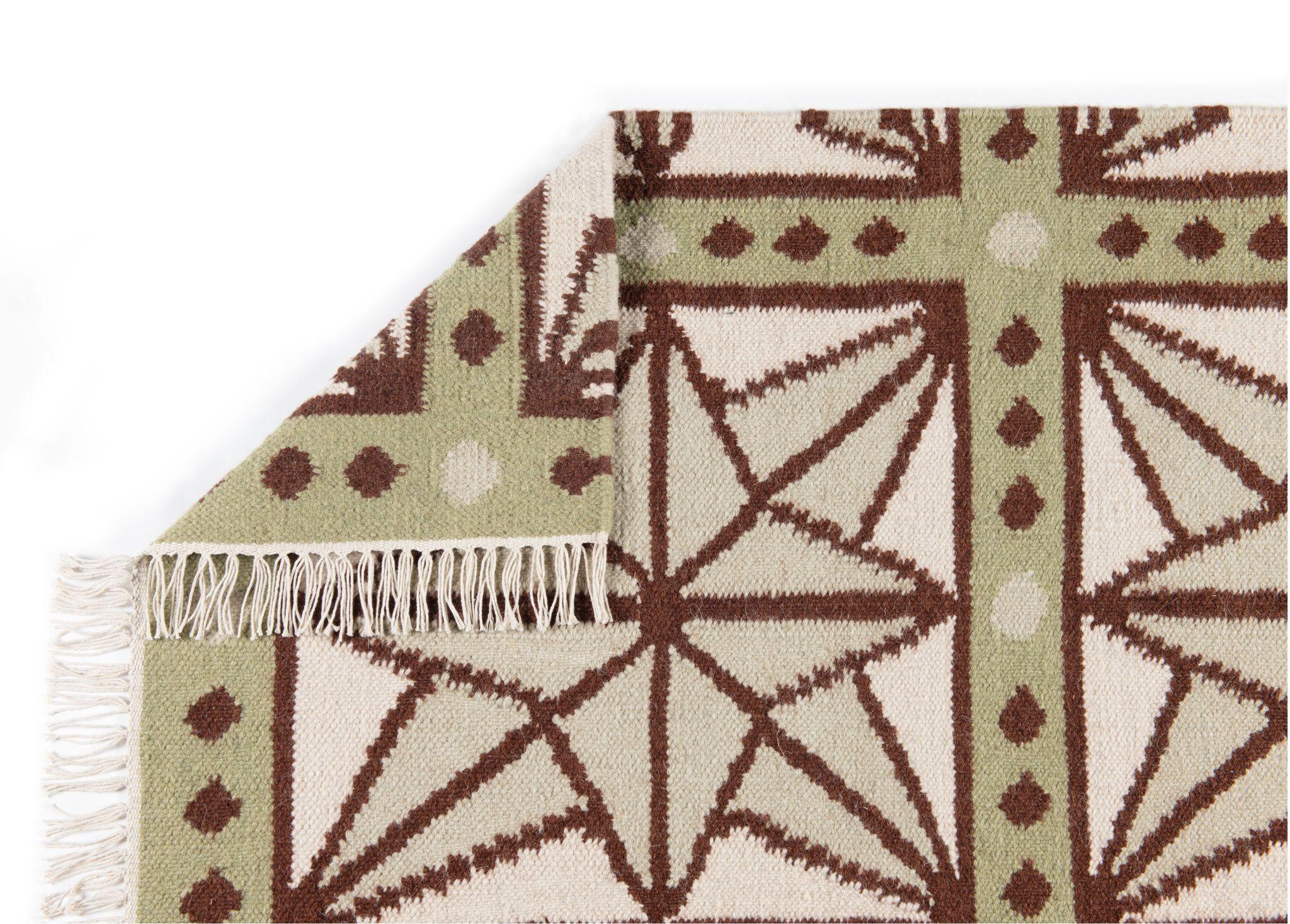 Bohemian Handwoven Wool Star Rug, 12' x 15', Celadon, Chocolate, Sage and Eggshell For Sale