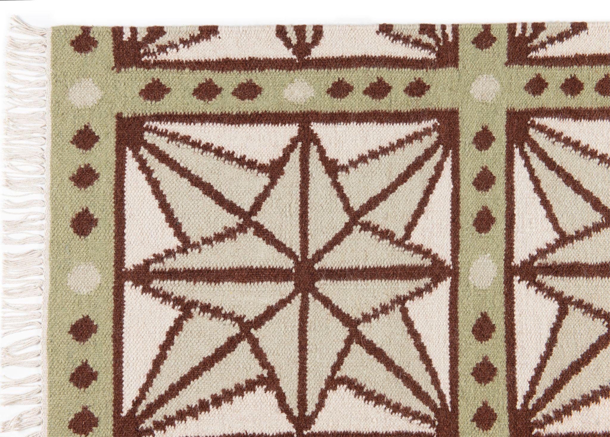 Indian Handwoven Wool Star Rug, 12' x 15', Celadon, Chocolate, Sage and Eggshell For Sale