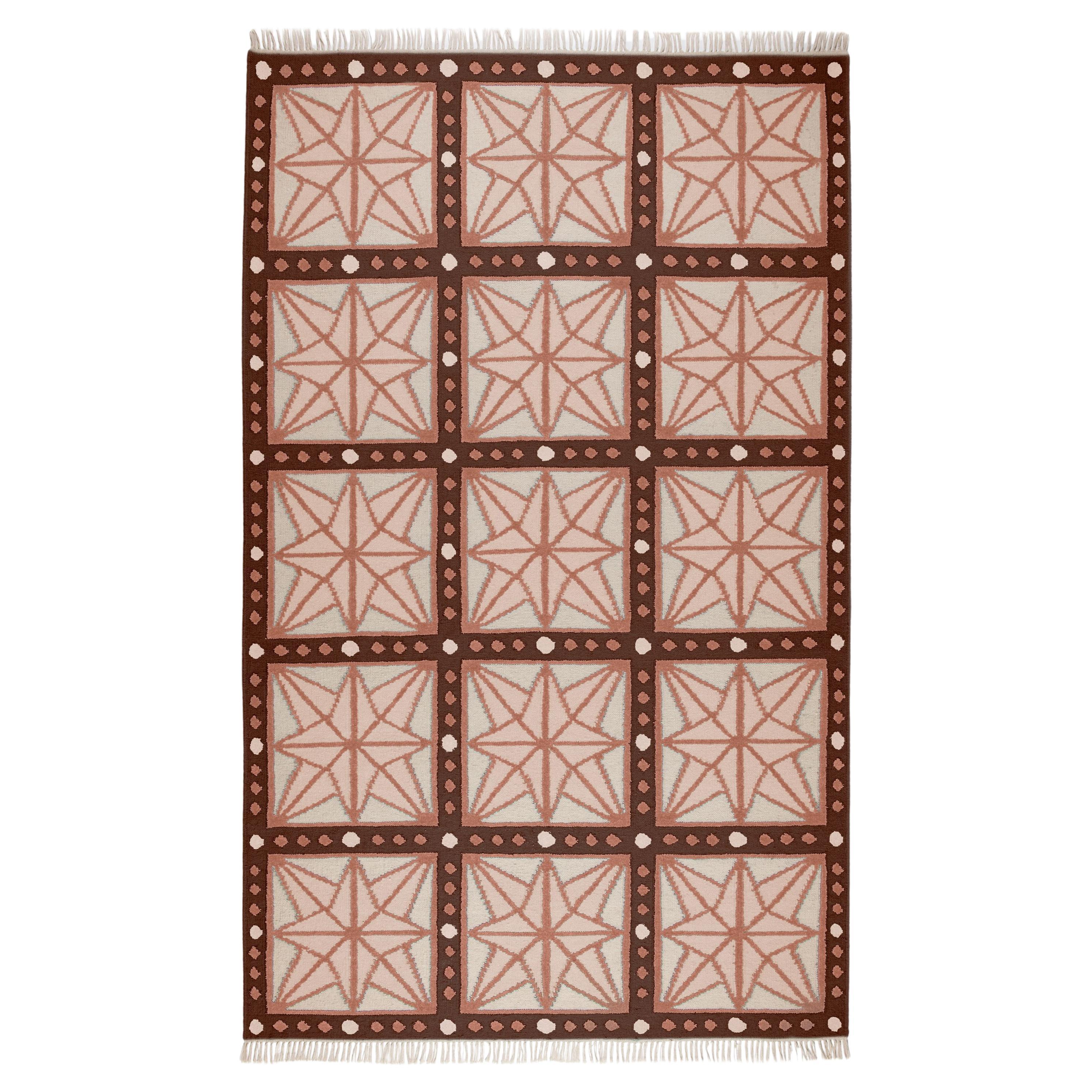 Handwoven Wool Star Rug, 5' x 8', Bisque Pink, Chocolate Brown, and Eggshell
