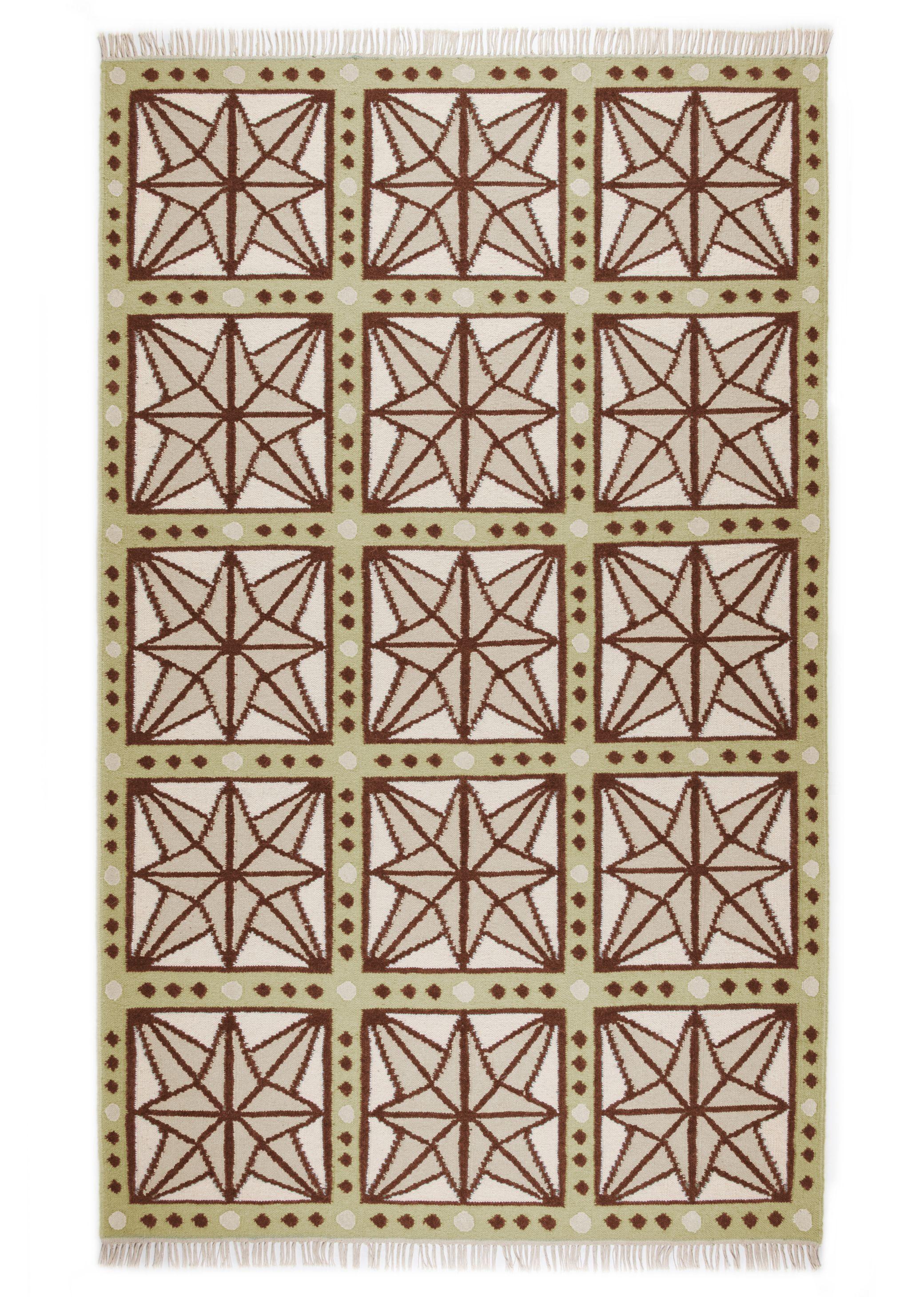 Handwoven Wool Star Rug, 5' x 8', Celadon, Chocolate, Sage and Eggshell