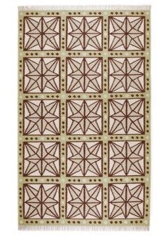 Handwoven Wool Star Rug, 5' x 8', Celadon, Chocolate, Sage and Eggshell