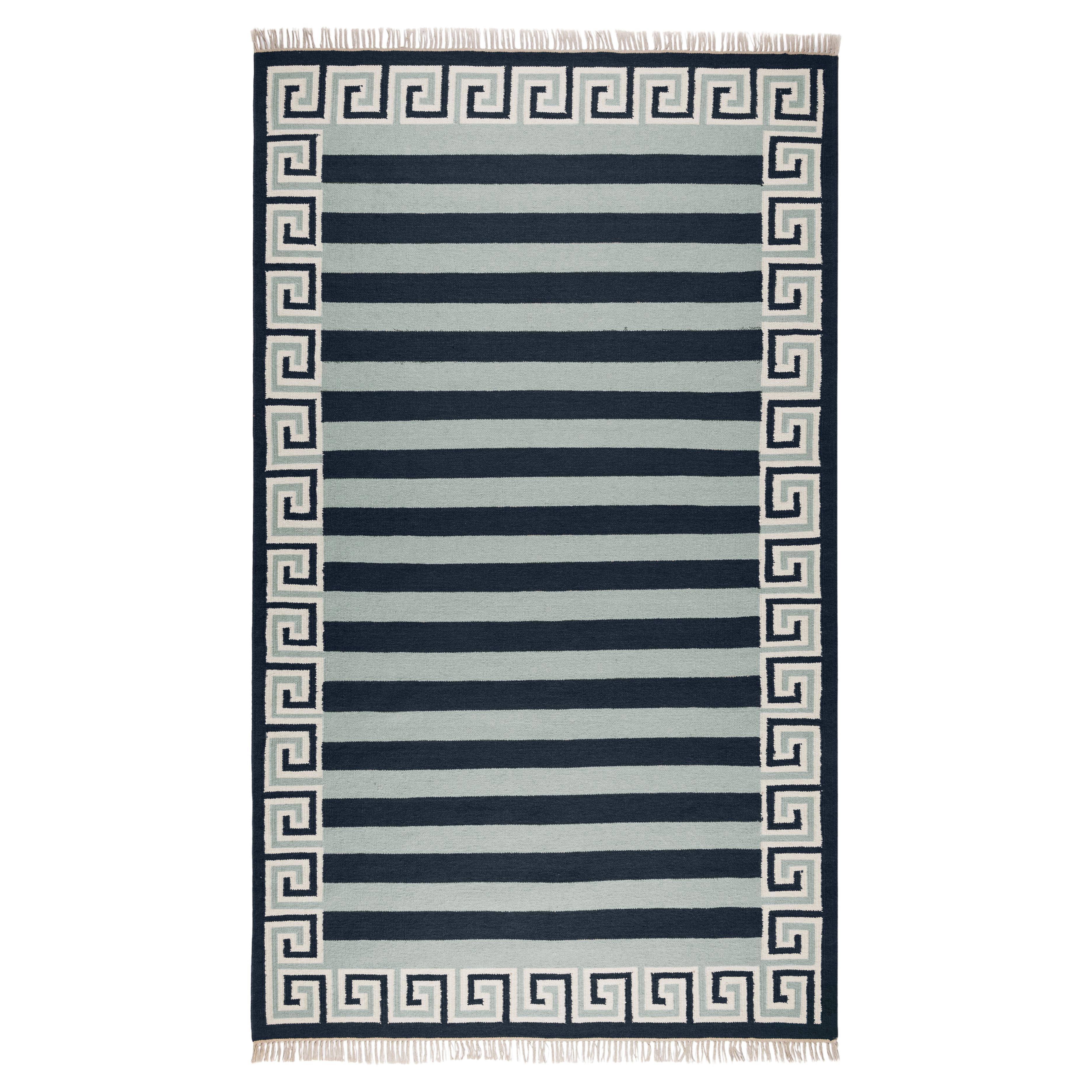 Handwoven Wool Stripe Rug, 5' x 8',  Sky Blue, Chocolate and Eggshell
