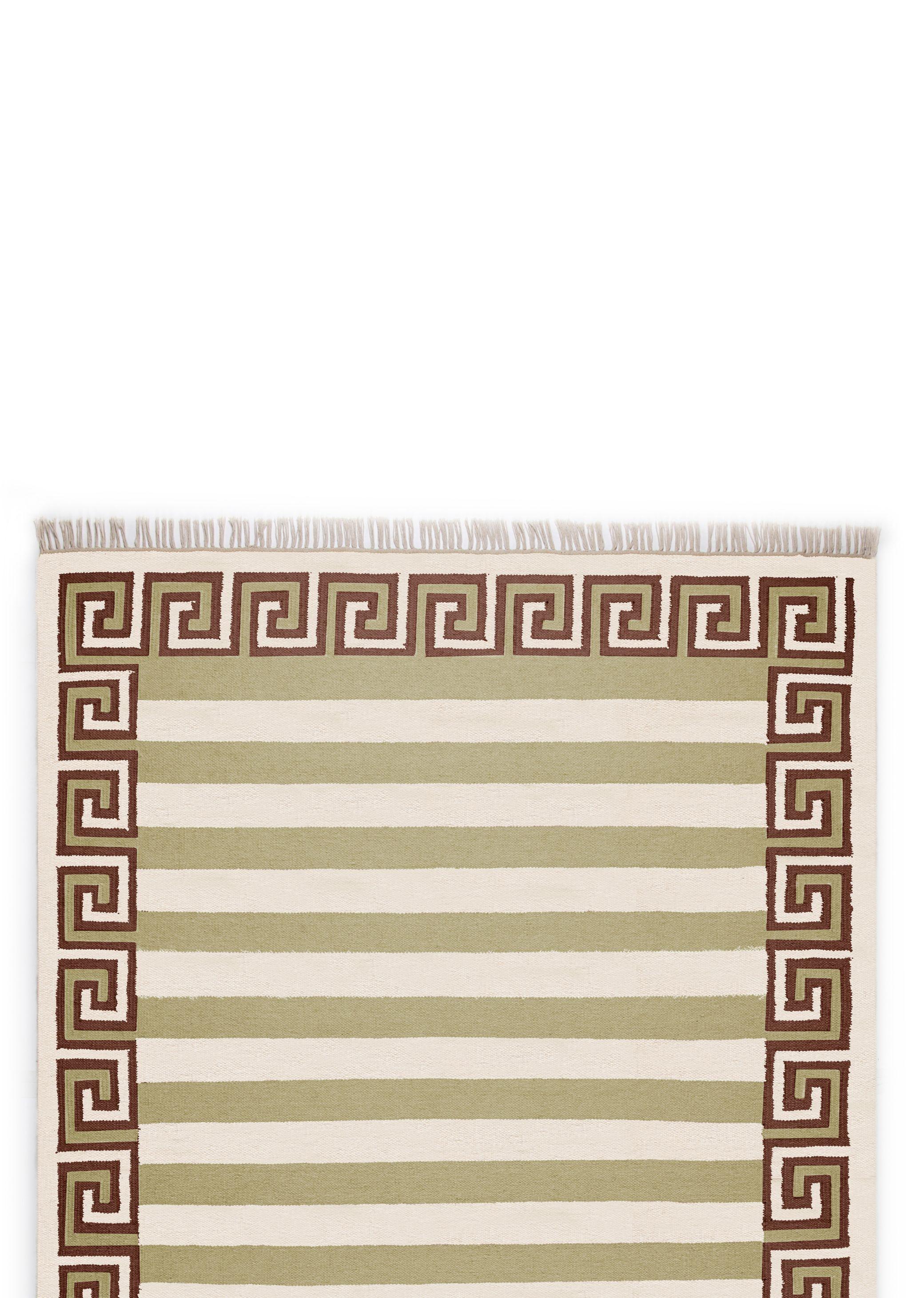 Handgewebter Wollteppich mit Streifen, 8' x 10', Sage, Chocolate Brown und Eggshell (Wolle) im Angebot