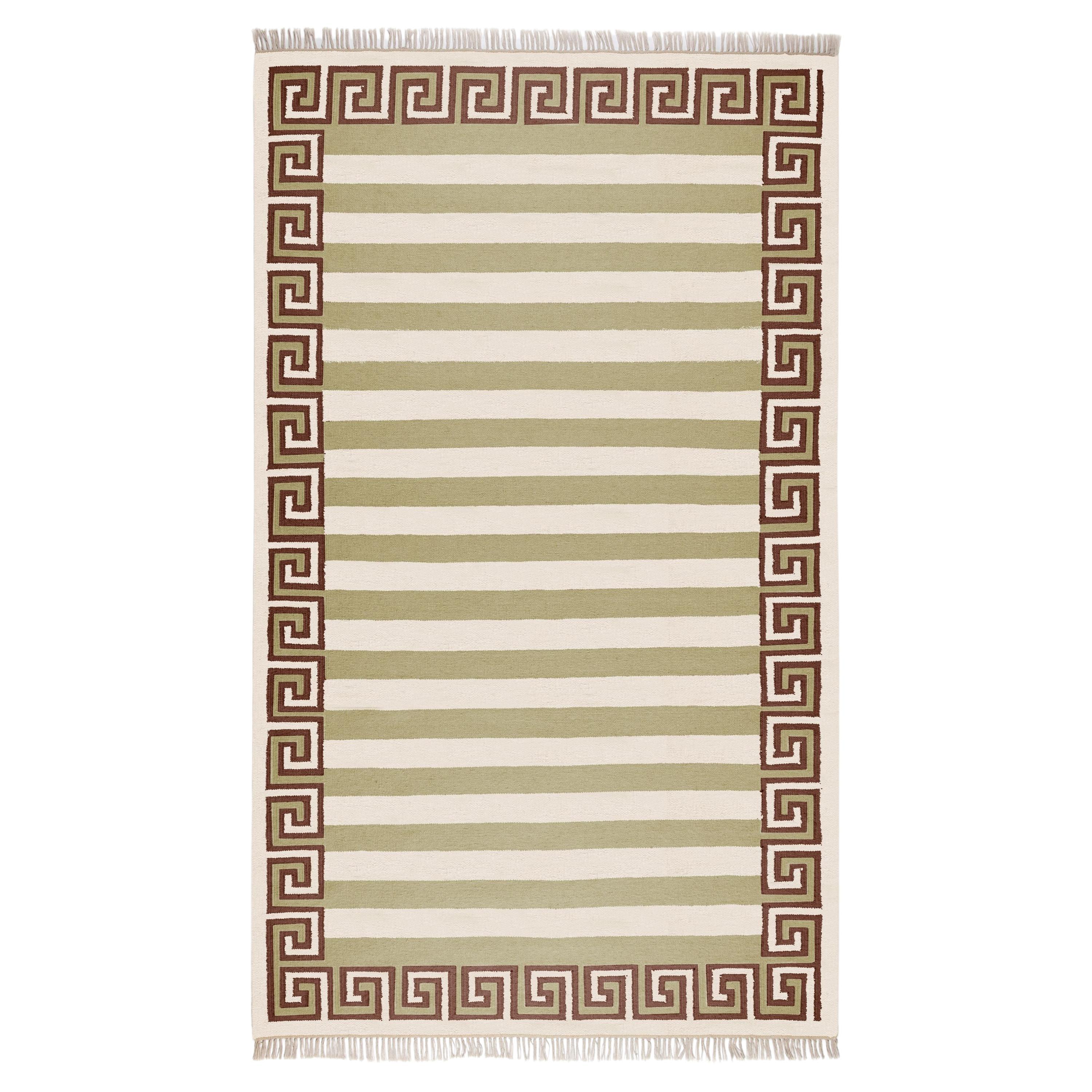 Handgewebter Wollteppich mit Streifen, 8' x 10', Sage, Chocolate Brown und Eggshell