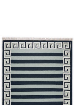 Handgewebter Wollstreifen-Teppich mit Streifen, 8' x 10', Himmelblau, Marineblau und Eierschale