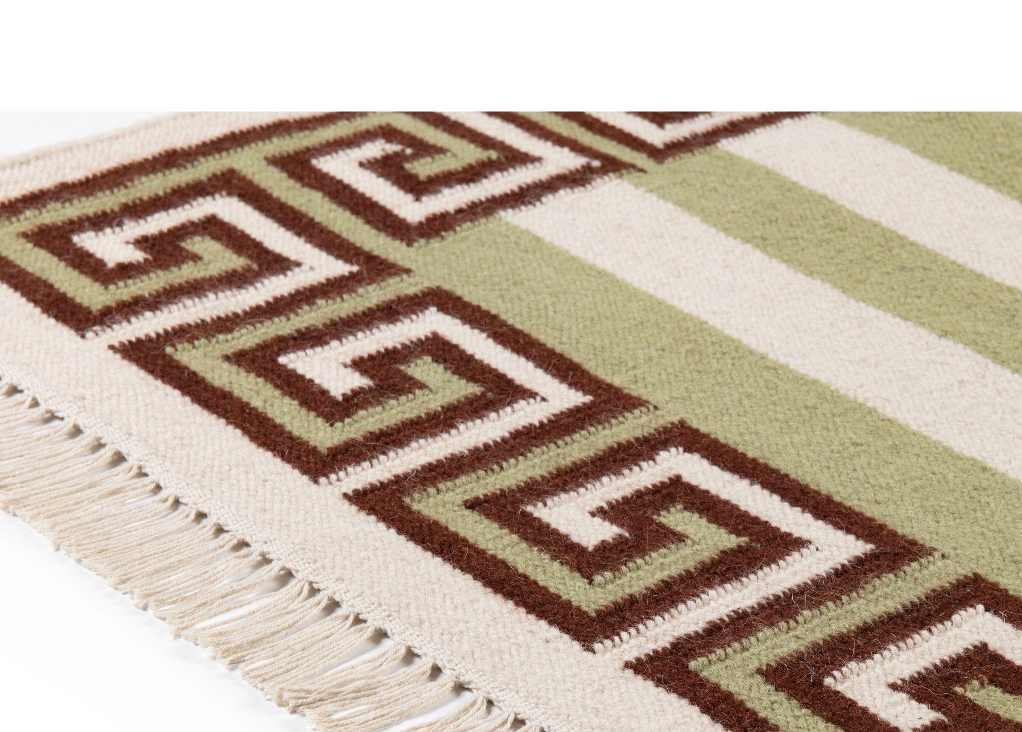 Handgewebter Wollteppich mit Streifen, 9' x 12', Sage, Chocolate Brown und Eggshell (Böhmisch) im Angebot