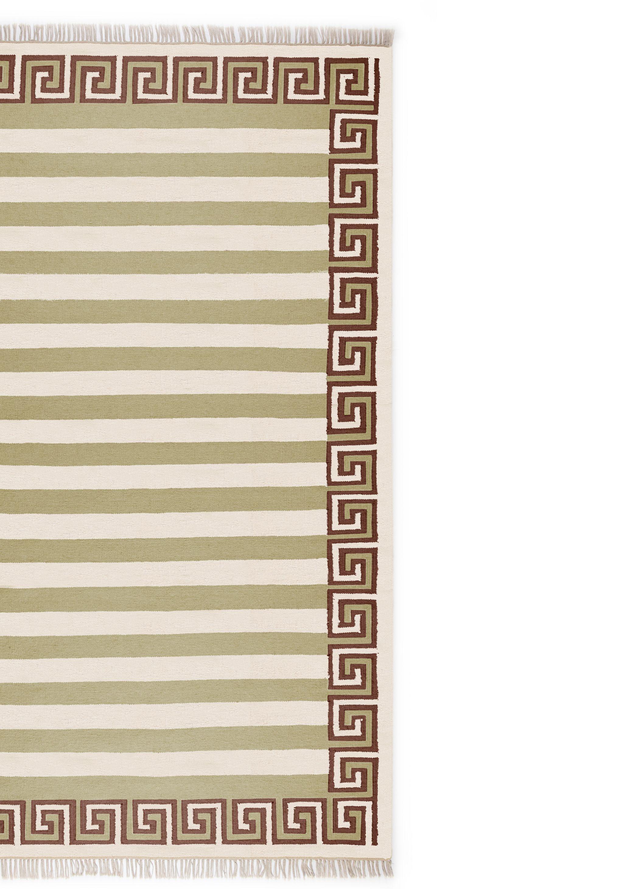 Handgewebter Wollteppich mit Streifen, 9' x 12', Sage, Chocolate Brown und Eggshell (21. Jahrhundert und zeitgenössisch) im Angebot
