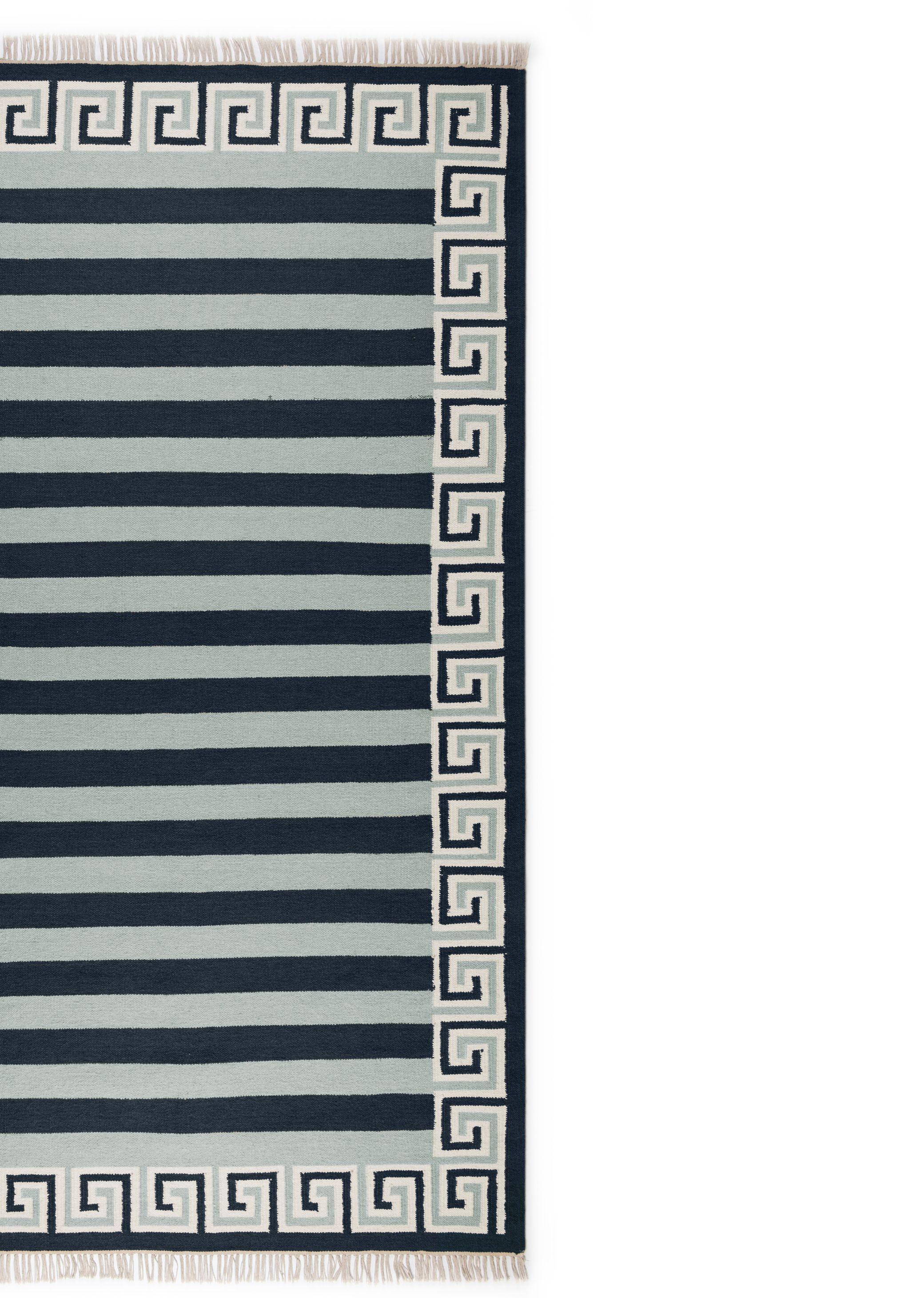 Handgewebter Wollstreifen-Teppich mit Streifen, 9' x 12', Himmelblau, Marineblau und Eierschale (Böhmisch) im Angebot