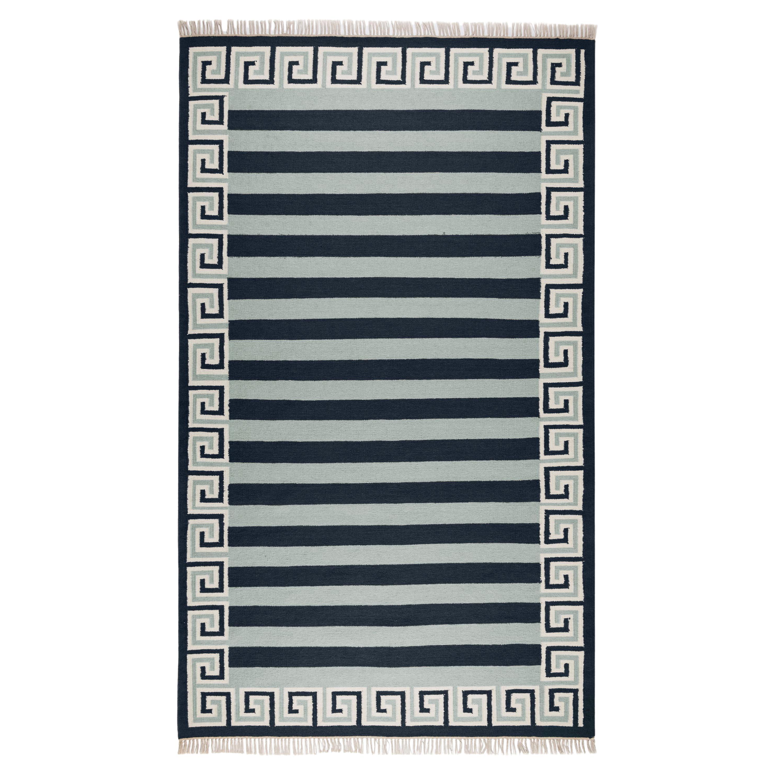 Handwoven Wool Stripe Rug, 9' x 12', Sky Blue, Navy and Eggshell