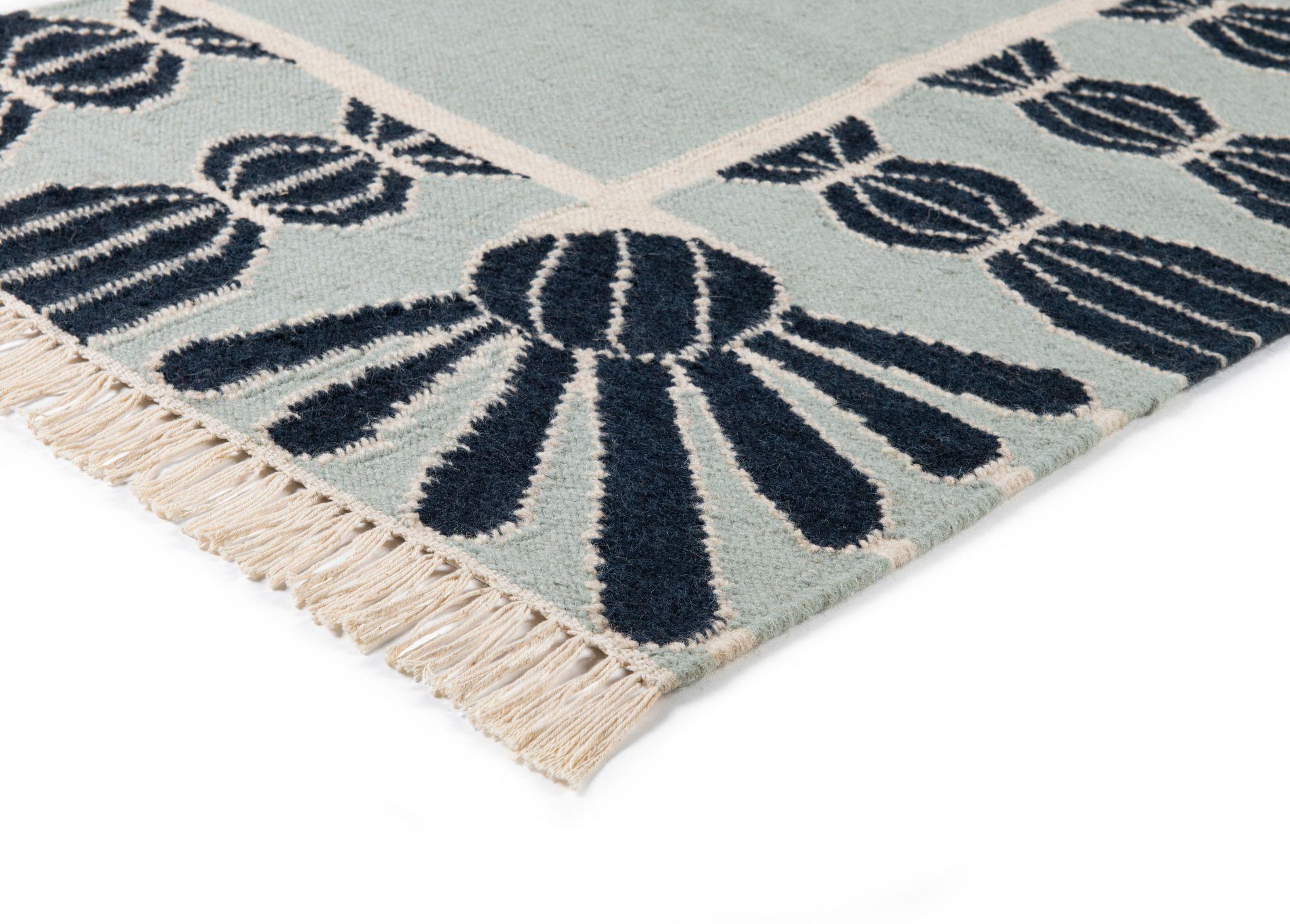 Bohemian Handwoven Wool Tassel Rug, 15' x 20', Sky Blue, Navy, and Eggshell For Sale