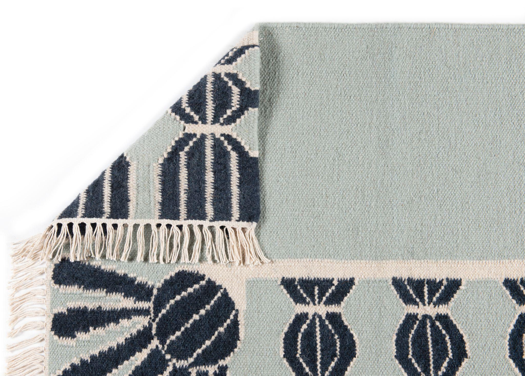 Indian Handwoven Wool Tassel Rug, 15' x 20', Sky Blue, Navy, and Eggshell For Sale