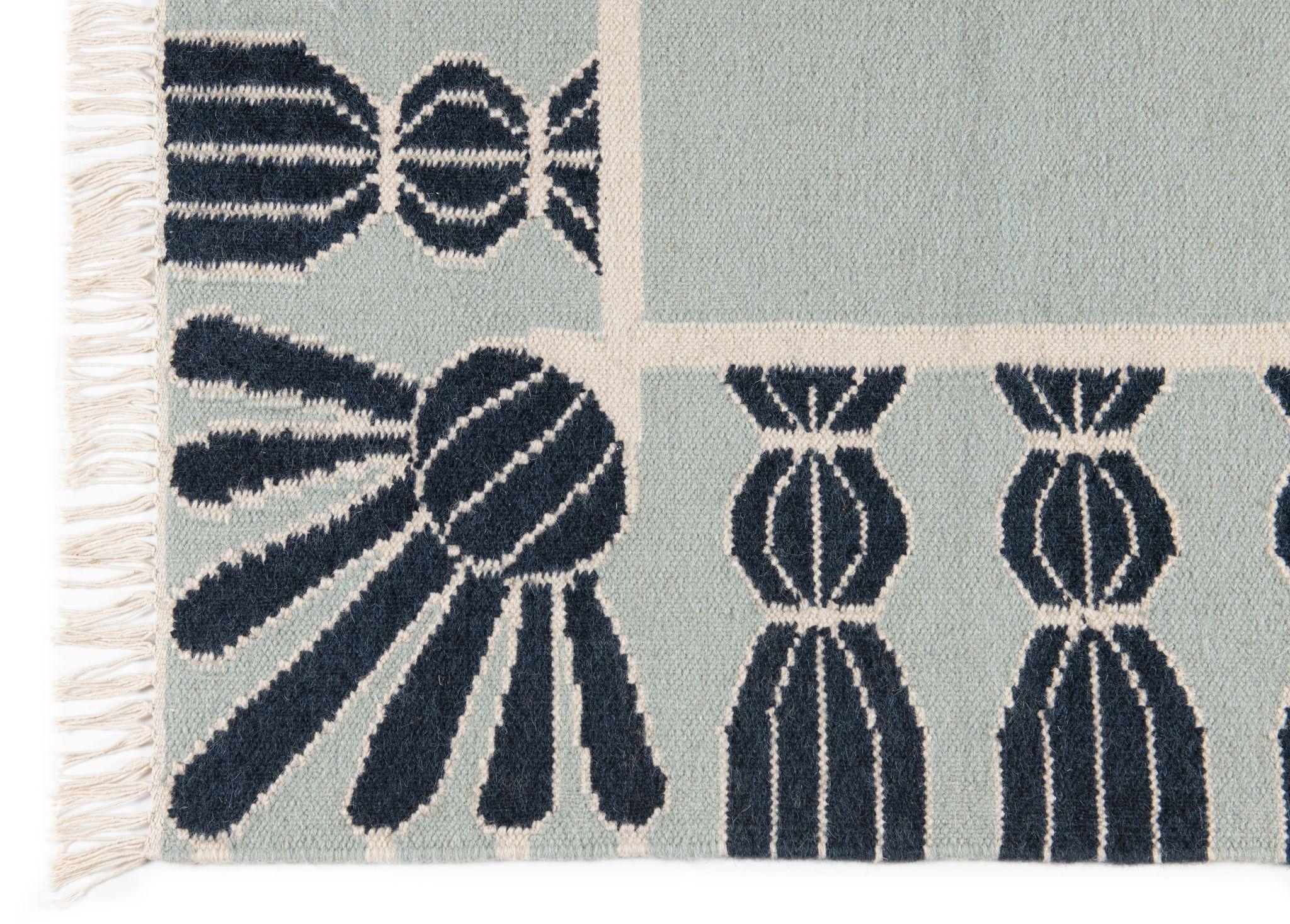 Hand-Woven Handwoven Wool Tassel Rug, 15' x 20', Sky Blue, Navy, and Eggshell For Sale