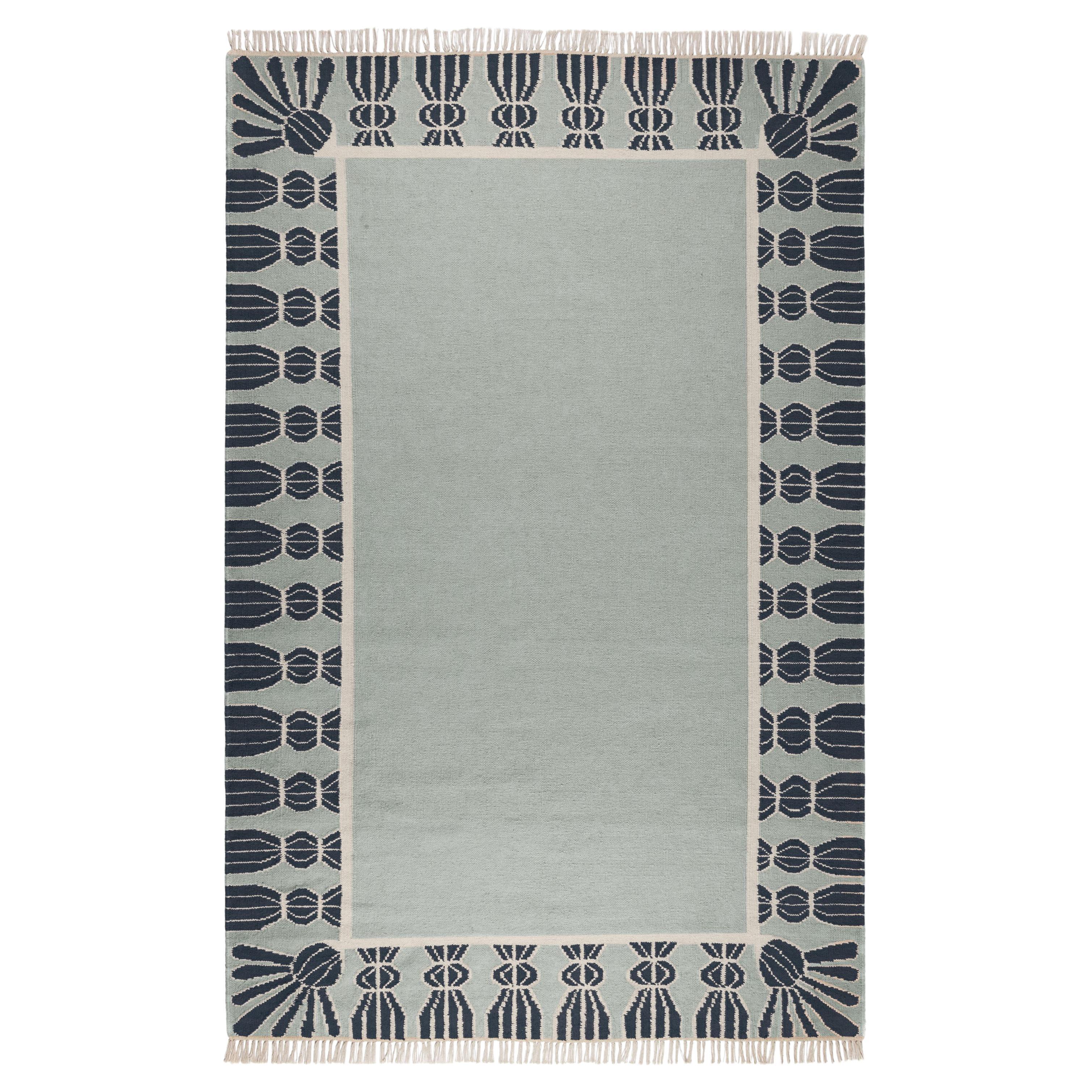 Handwoven Wool Tassel Rug, 15' x 20', Sky Blue, Navy, and Eggshell For Sale