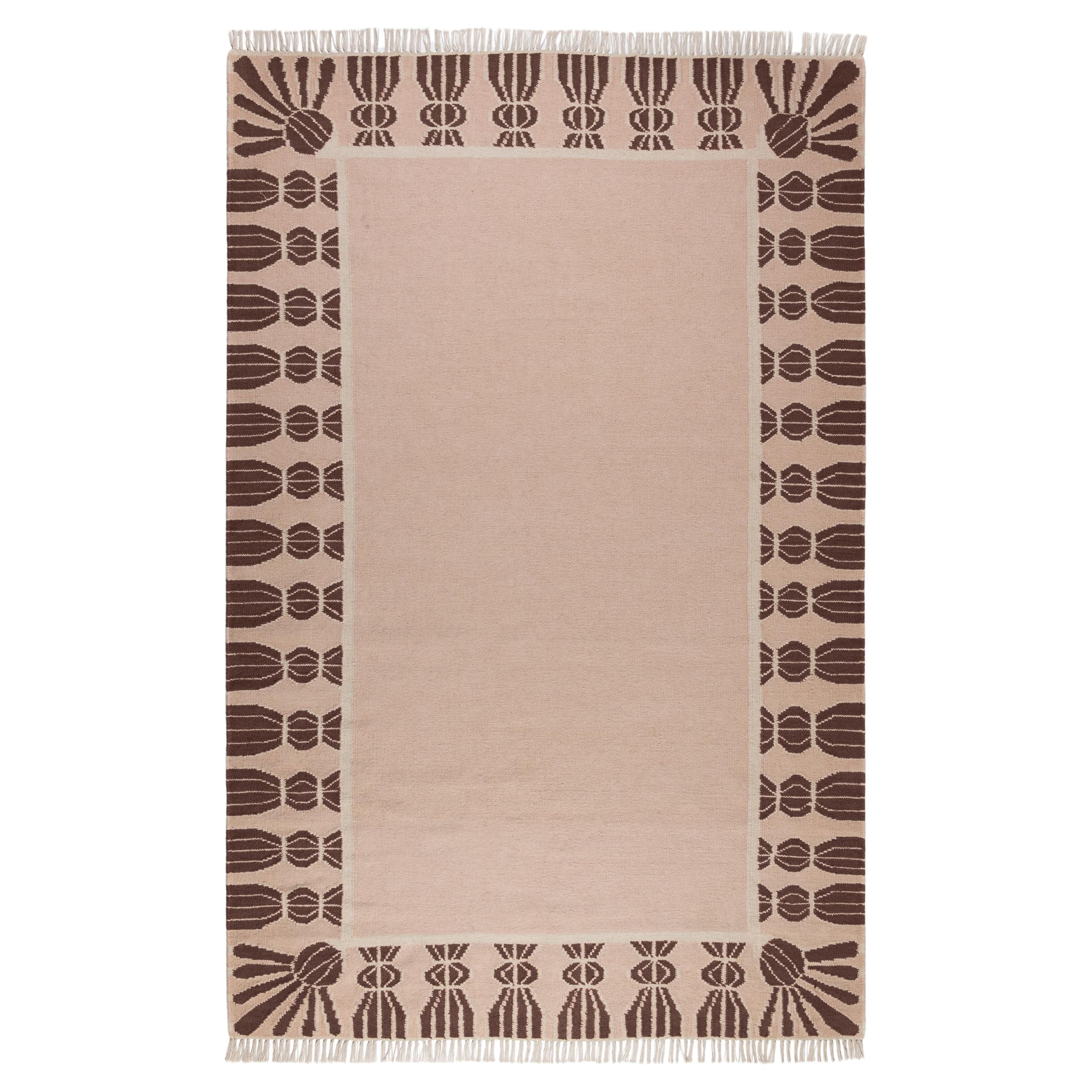 Handwoven Wool Tassel Rug, 5' x 8', Bisque Pink, Chocolate Brown and Eggshell