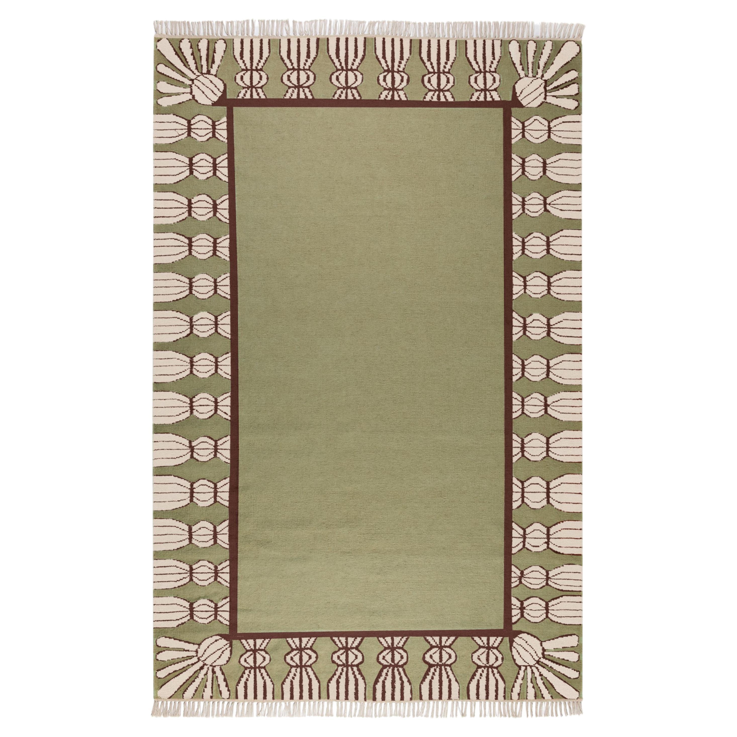 Handgewebter Wollteppich mit Quasten, 5' x 8', Sage, Schokolade und Eierschale