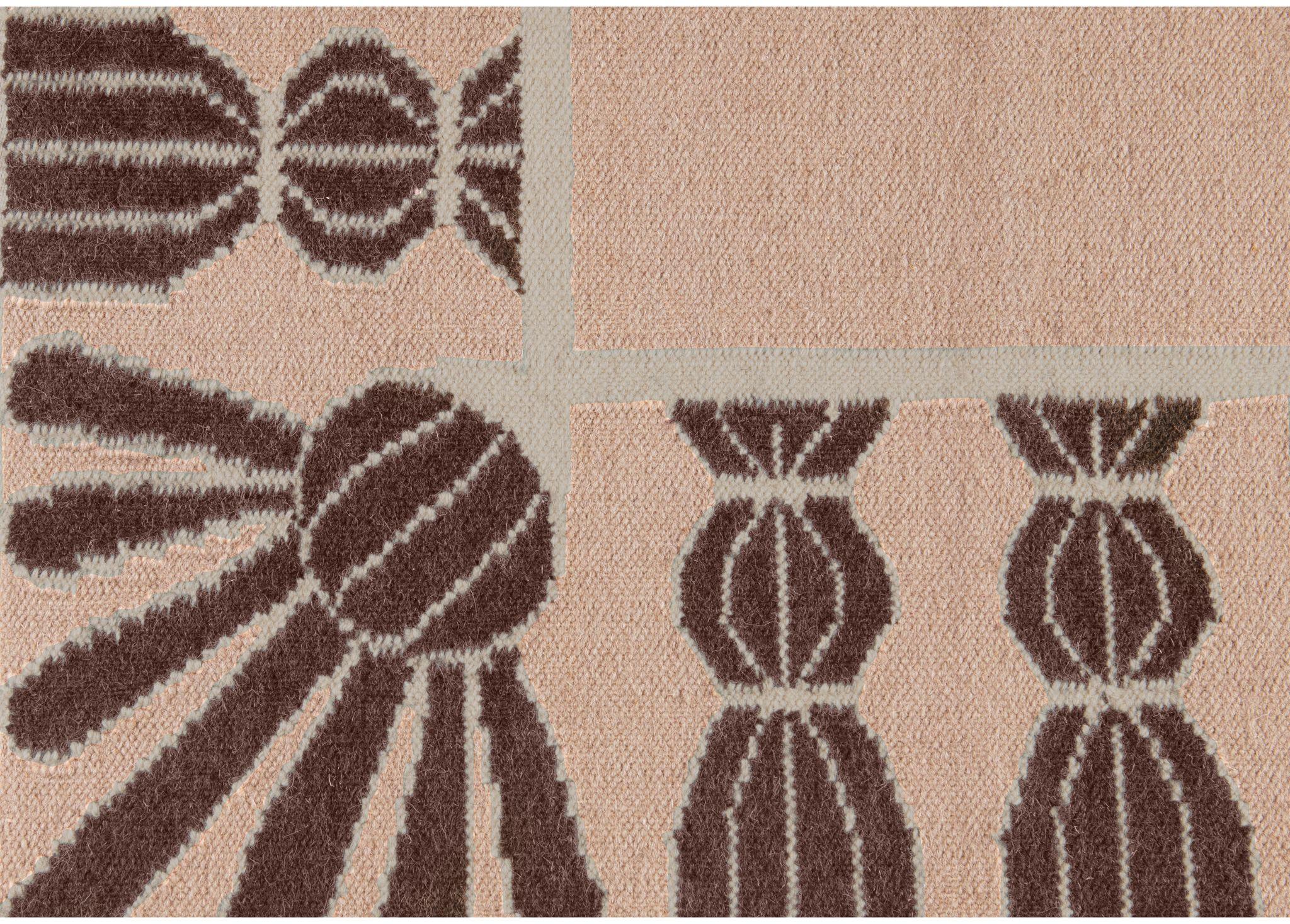 Handgewebter Wollteppich mit Quasten, 9' x 12', Bisque Pink, Chocolate Brown und Eggshell (Indisch) im Angebot