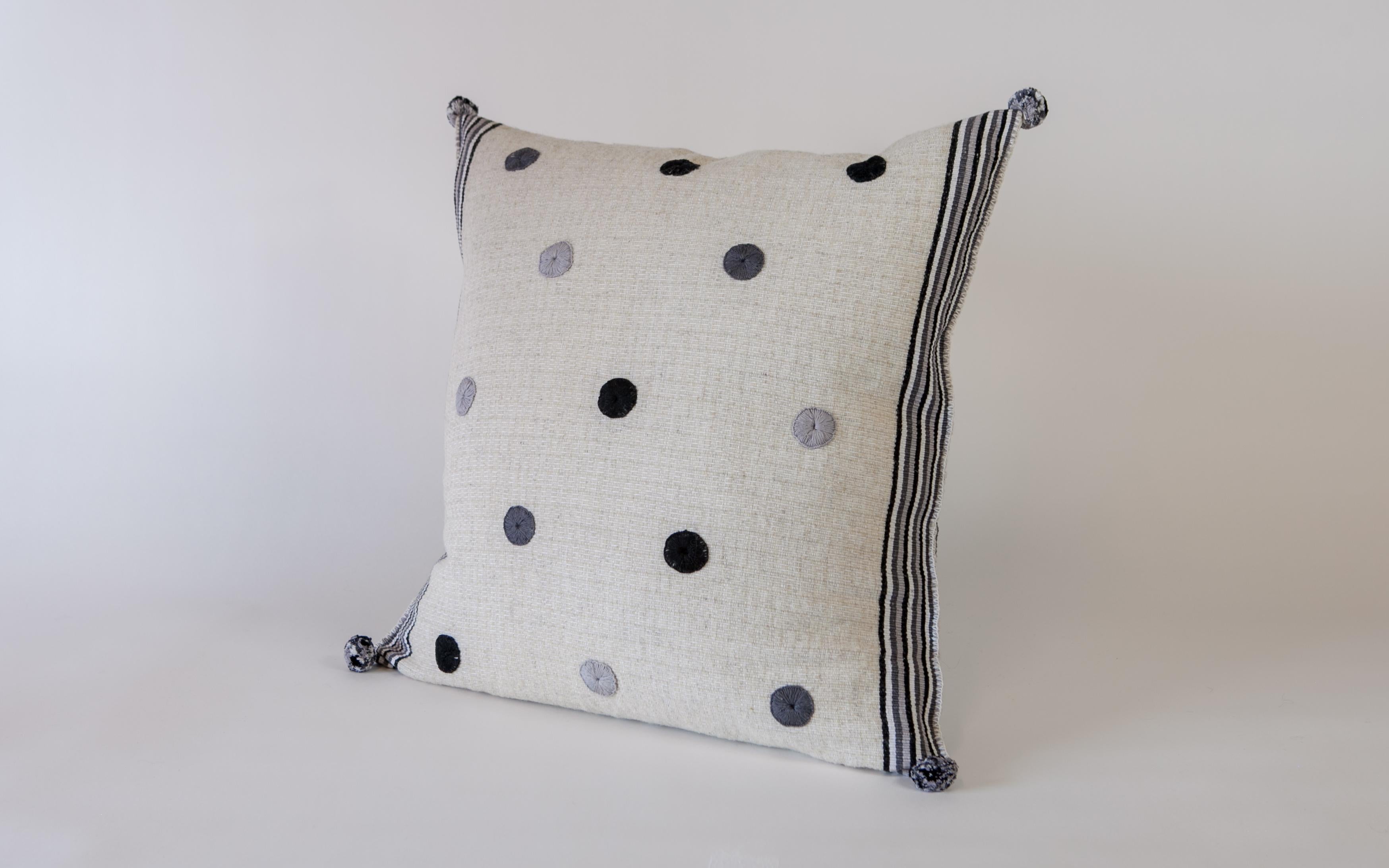 Mexican Handwoven Wool Throw Pillow in Natural with Grey Dots, in Stock