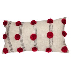 Handwoven Wool Throw Pillow in White with Cochineal Pom Poms, in Stock