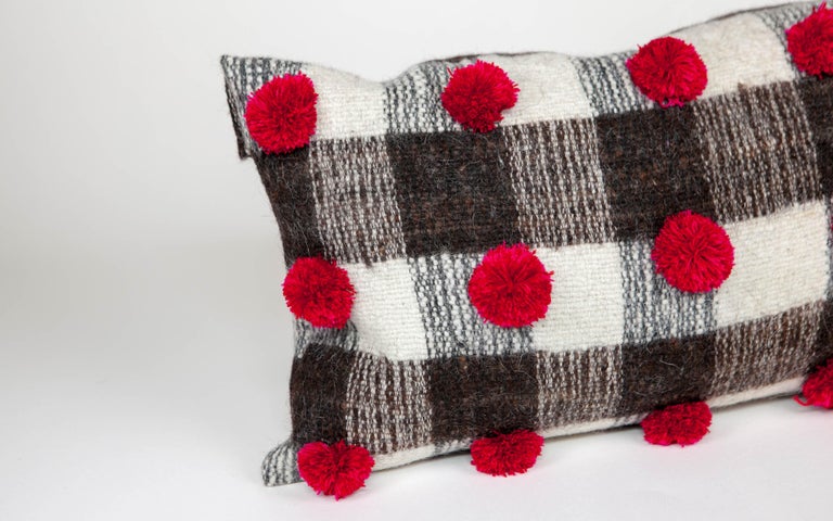 Mexican Handwoven Wool Throw Pillow with Pom Poms and Black & White Pattern, in Stock