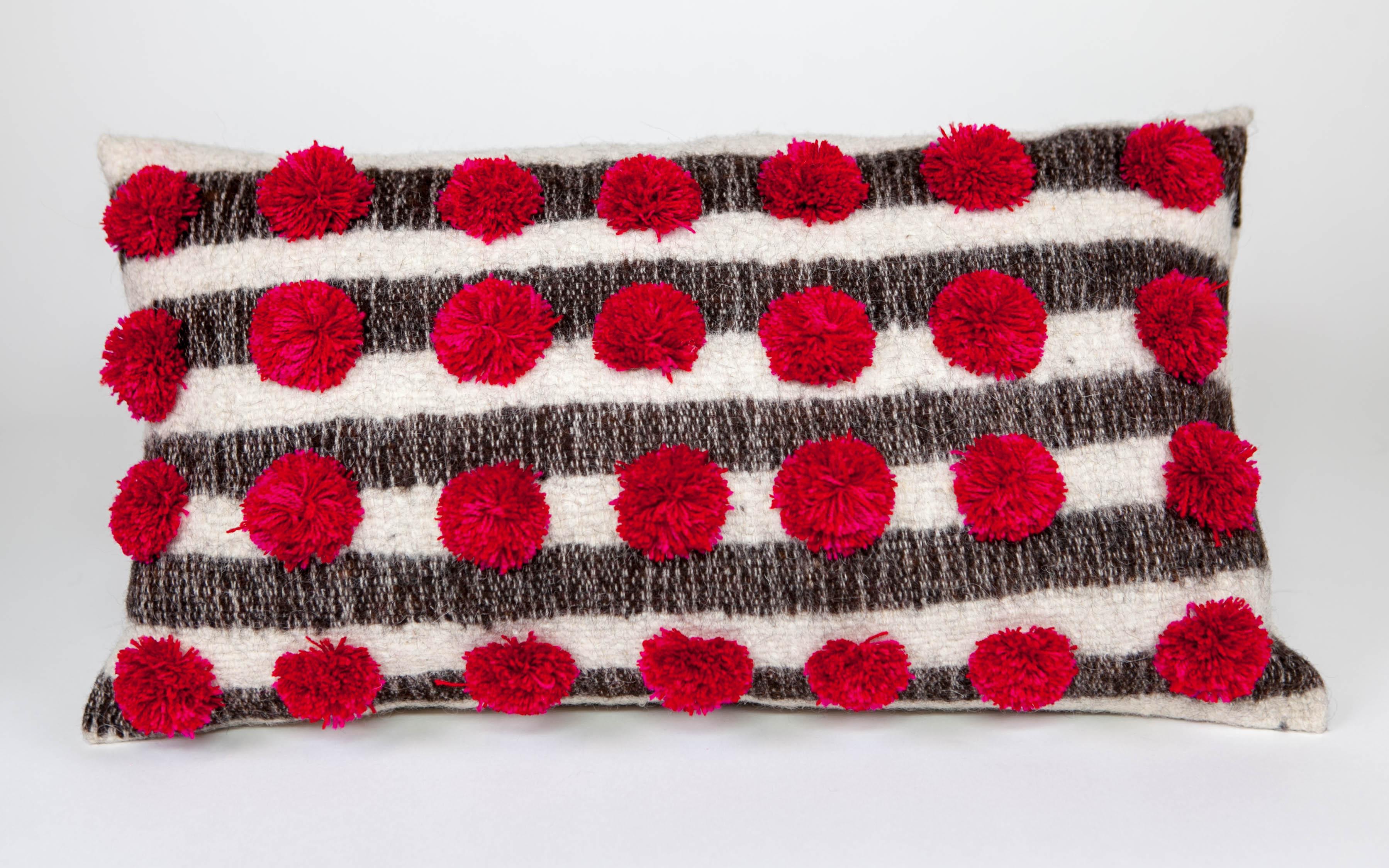 Mexican Handwoven Wool Throw Pillow with Pom Poms and Black & White Pattern, in Stock