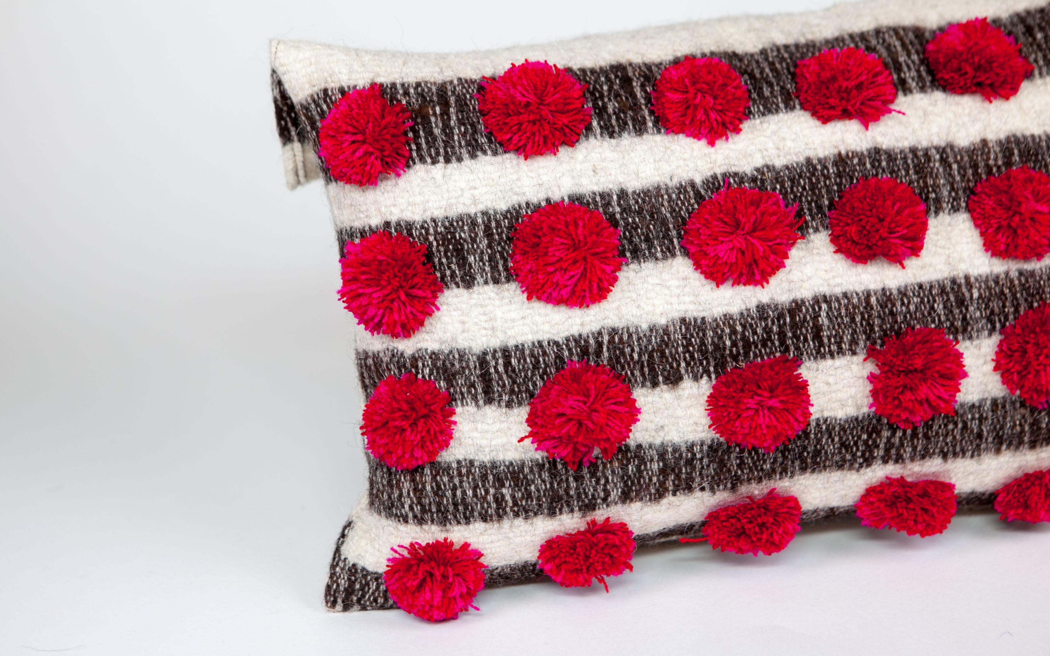 Hand-Woven Handwoven Wool Throw Pillow with Pom Poms and Black & White Pattern, in Stock