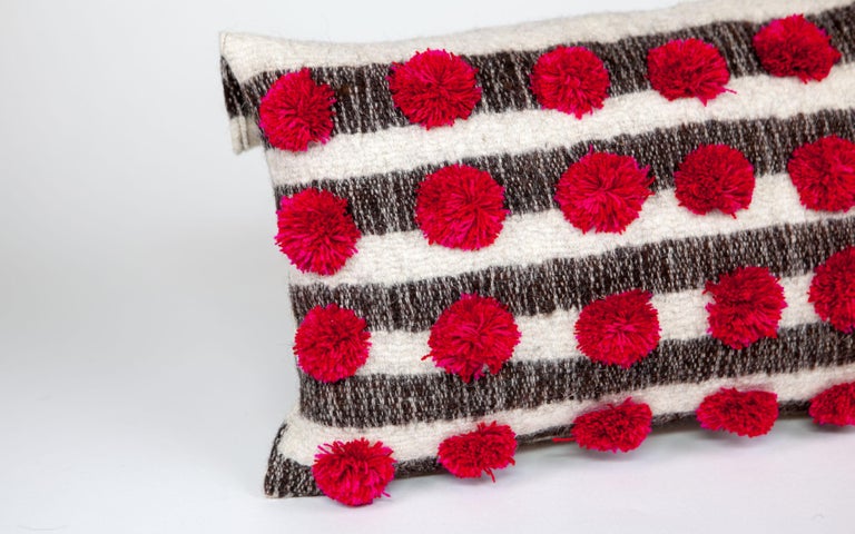 Contemporary Handwoven Wool Throw Pillow with Pom Poms and Black & White Pattern, in Stock