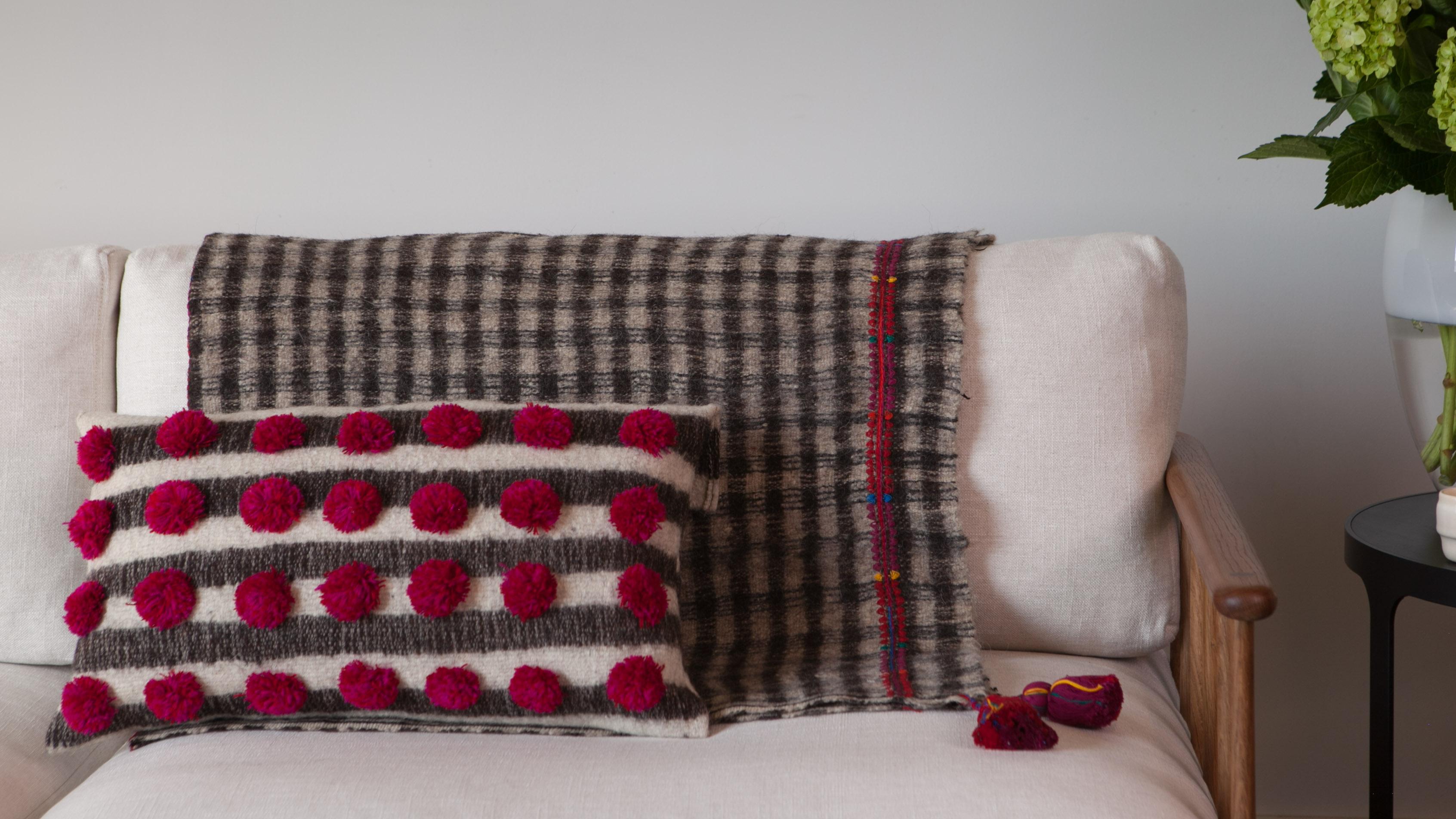 Handwoven Wool Throw Pillow with Pom Poms and Black & White Pattern, in Stock In New Condition In West Hollywood, CA