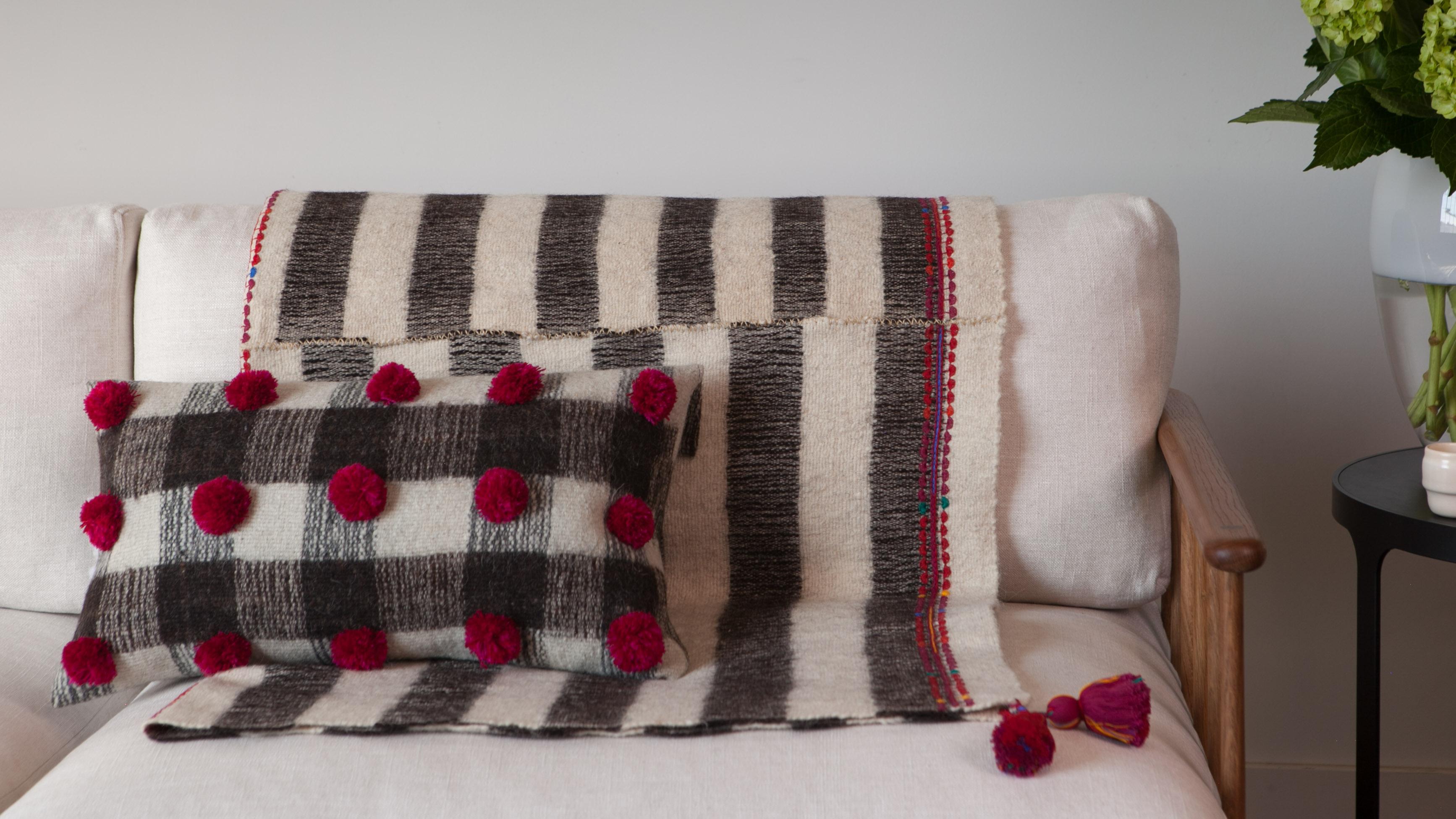 Contemporary Handwoven Wool Throw Pillow with Pom Poms and Black & White Pattern, in Stock