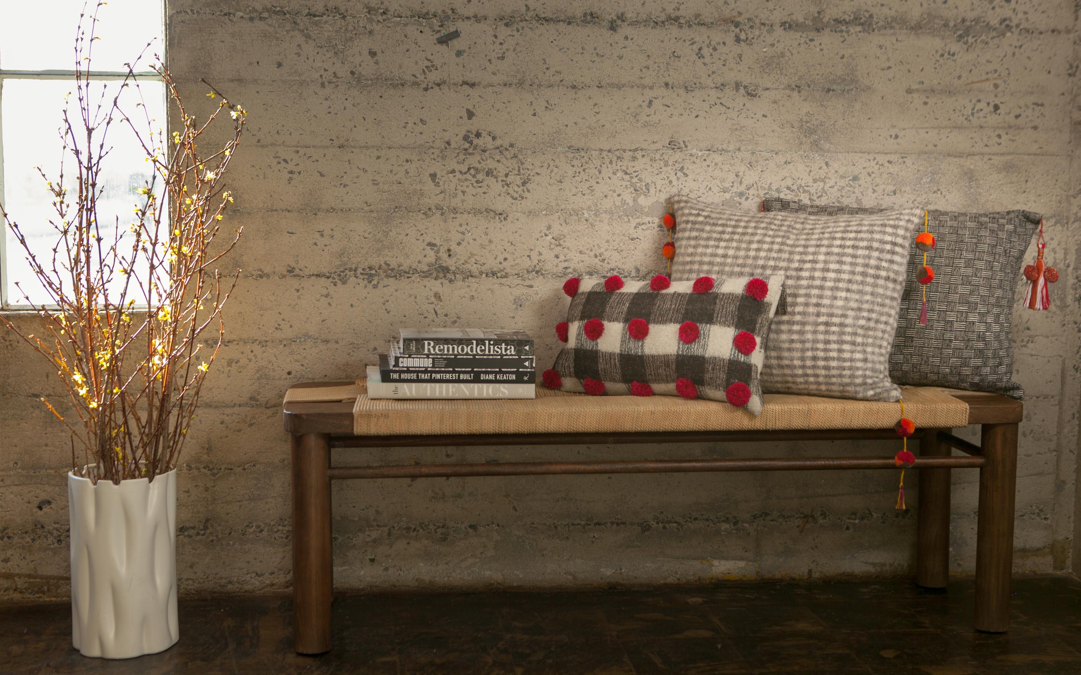 Handwoven Wool Throw Pillow with Pom Poms and Black & White Pattern, in Stock 1