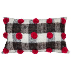 Handwoven Wool Throw Pillow with Pom Poms and Black & White Pattern, in Stock